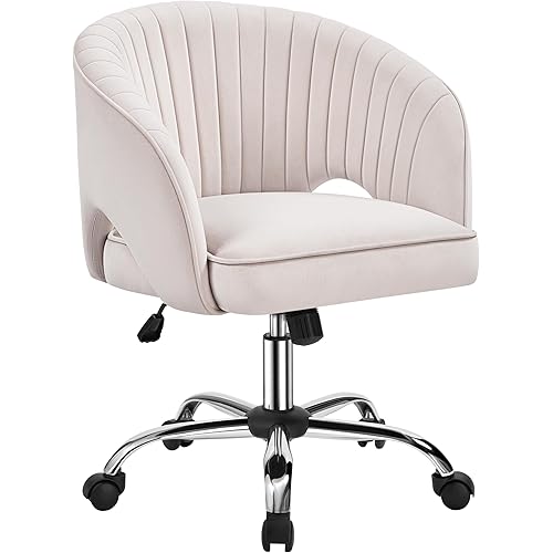 Yaheetech Cute Desk Chair Velvet Vanity Chair with Wheels Home Office Upholstered Modern Swivel Armchair with Tufted Barrel Back for Study, Vanity, Bedroom Cream
