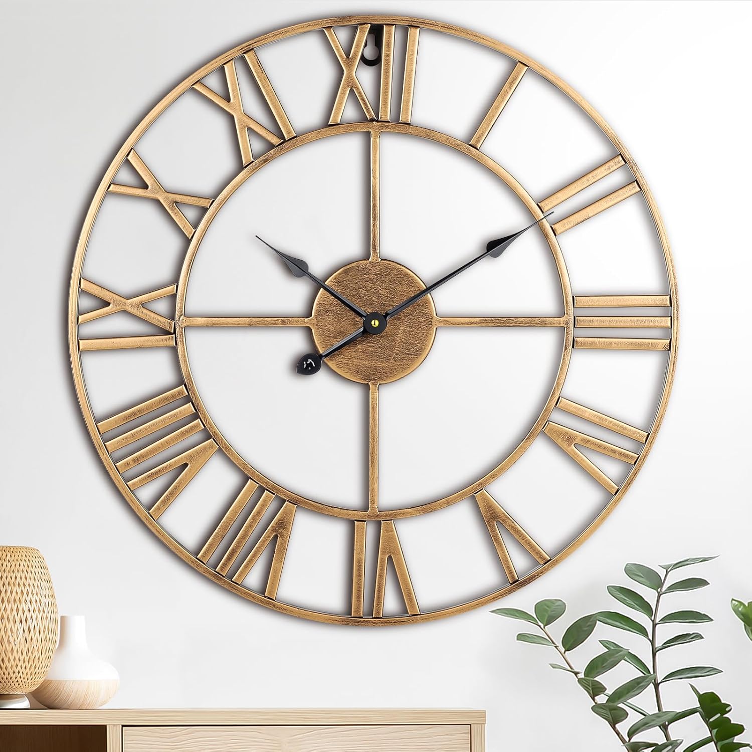 Large Wall Clock, 24-Inch(60CM) Roman Numeral Decorative Art Wall Clock,Completely Silent, Non Ticking, Battery-Operated Metal for Living Room, Bedroom and Kitchen-Copper Gold Gold Bronze
