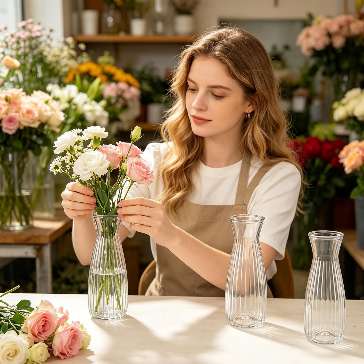 20 Pcs Plastic Bud Vases Bulk with Twines Rope, 6.7” Small Flower Vases for Table Centerpieces, Decorative Clear Mini Vase for Flower, Home Office Wedding Table Decorations