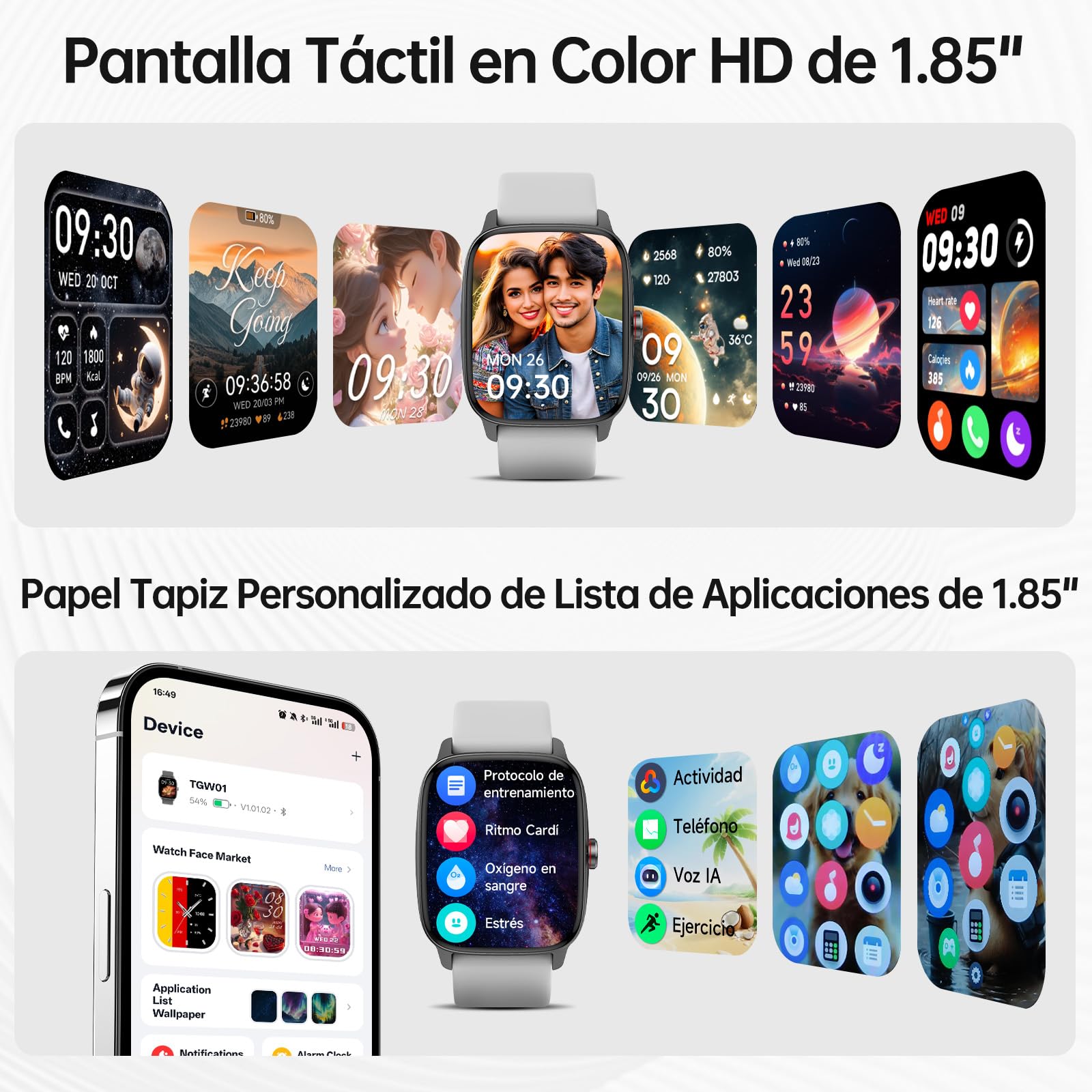 Reloj Inteligente Mujer Hombre con Llamadas Bluetooth y Voz AI, 1.85'' Smartwatch con Whatsapp Notificación, Pulsómetro/SpO2/Sueño/Podómetro, 110+ Modos Deportivos, Impermeable IP68 para iOS/Android