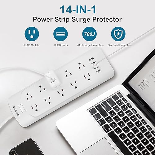 Miniatura 3 de WANDOFO Regleta de alimentación de cable extralargo de 15 pies, tira de salida USB inteligente de 5 V 3.4 A, 10 tomas de corriente ampliamente