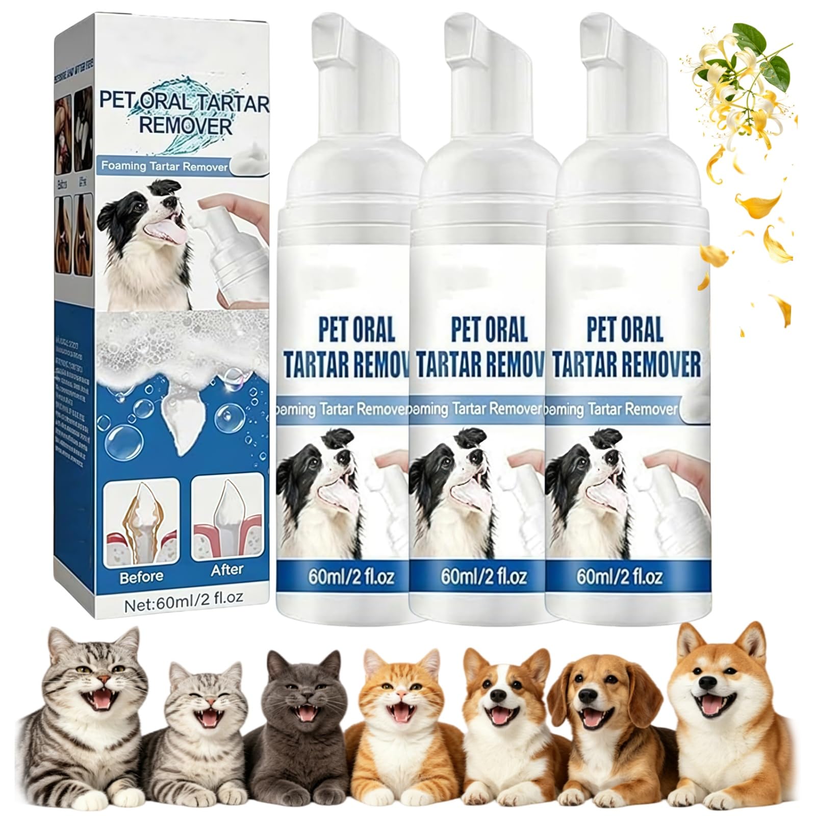 Pet Dental Tartar Remover Foam, Pet Dental Foaming Care Spray, Dog Breath Freshener, Support Healthy Gums,Reduce Tartar for Cats and Dogs (3pcs, l)