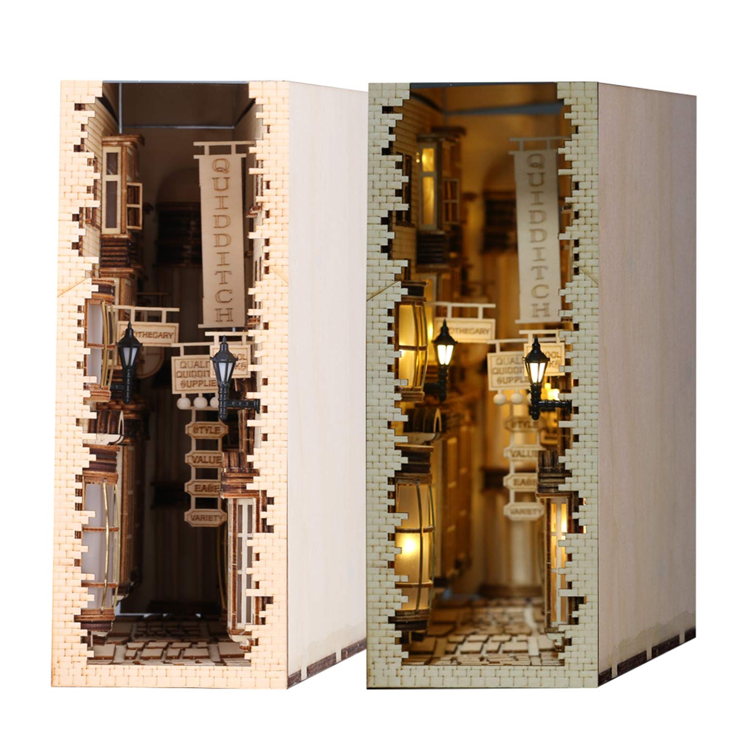 Wooden Bookshelf Art Bookends DIY Decoration Bookshelf Japanese Lamp Gift Model Building Kit Creative Splicing,Comes with Lights & Tools (Creative Book Stand, 7.4 x 3.9 x 10.2 in)