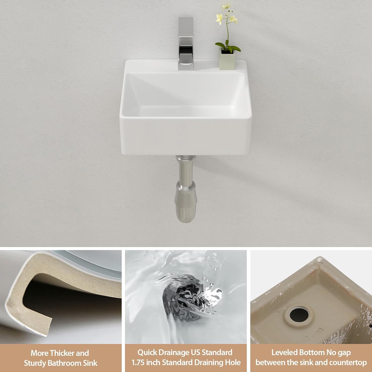 Lordear 13.6"x11.6" Floating Wall Mounted Bathroom Sink White Ceramic Glossy White Small Tiny Room Cloakroom Sinks, 13.6X11.6x4.85 Inch