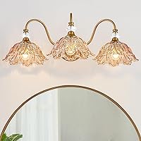Vista 1 de Vintage Bathroom Vanity Light, 3-Light Matte Brass Finish Vanity Light with Flower-Shaped Amber Glass Shades, Retro Wall Sconce for Bathroom