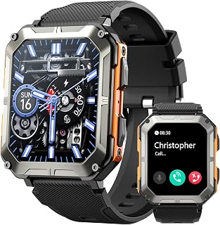 Smart Watch for Men, Bluetooth Call(Answer/Make Call) Mens Watches, Military Rugged Smart Watches, 1.83in HD Touch Screen, Fitness Watch for Android iOS, Activities Tracker, Gifts for Men(Orange)