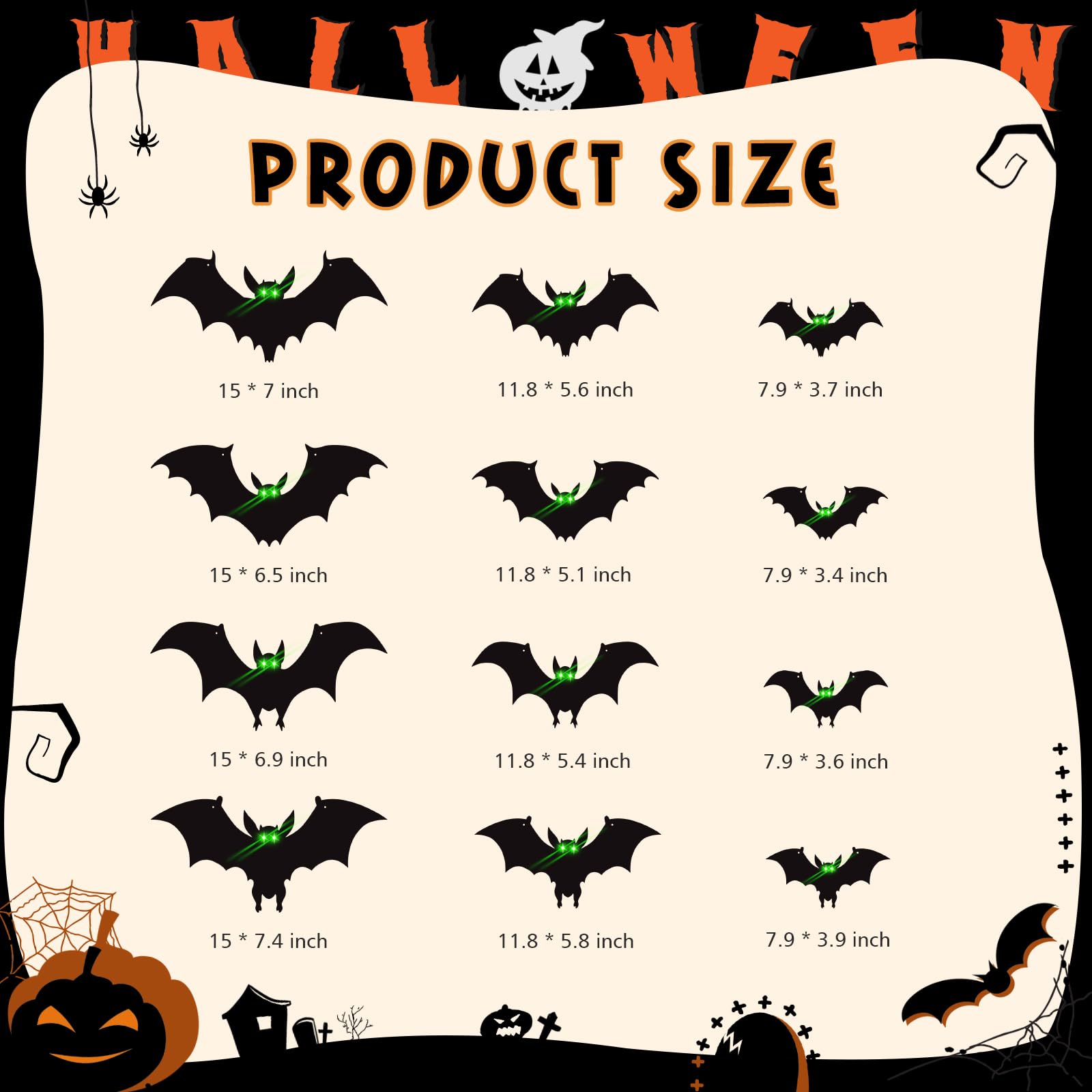 Wiszące nietoperze na Halloween, dekoracja na zewnątrz, duże latające plastikowe nietoperze, dekoracja na zewnątrz, 3 różne rozmiary, świecące w ciemnych oczach, do zawieszenia na drzewie, werandzie,
