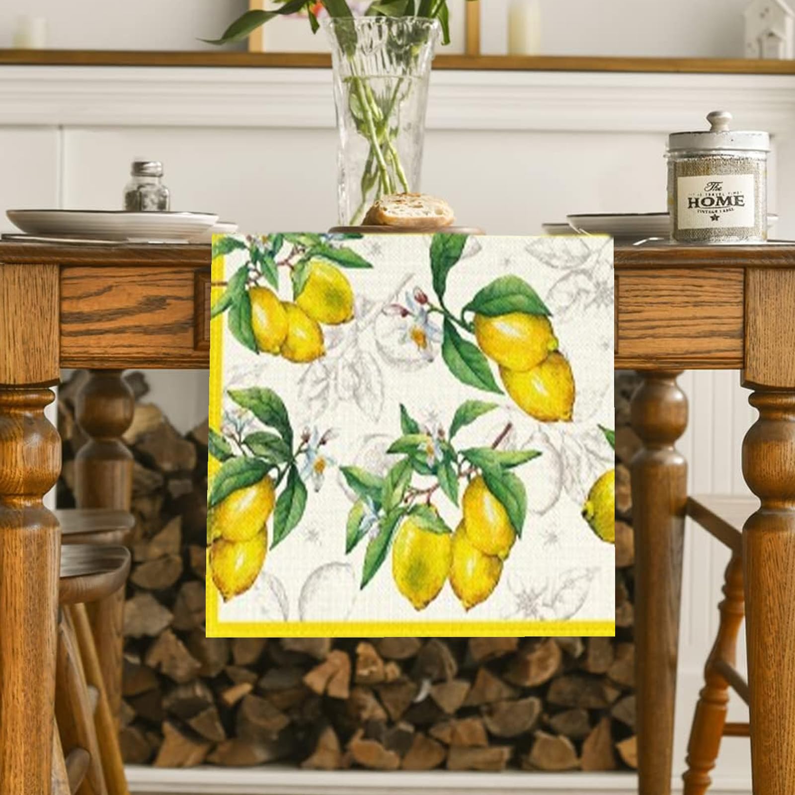 Tischset-Set Mit Zitronen-Muster – 4 Stück Leinen-Sets + 4 Silikon-Untersetzer