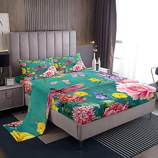 Dragonfly Fitted Sheet Colorful Hydrangea Sheet Set for Girls Women Girly,Watercolor Flowers Bed Sheets Rustic Aesthetic Animal Dragonfly Decor Twin,Pastel Pink Purple Yellow Red