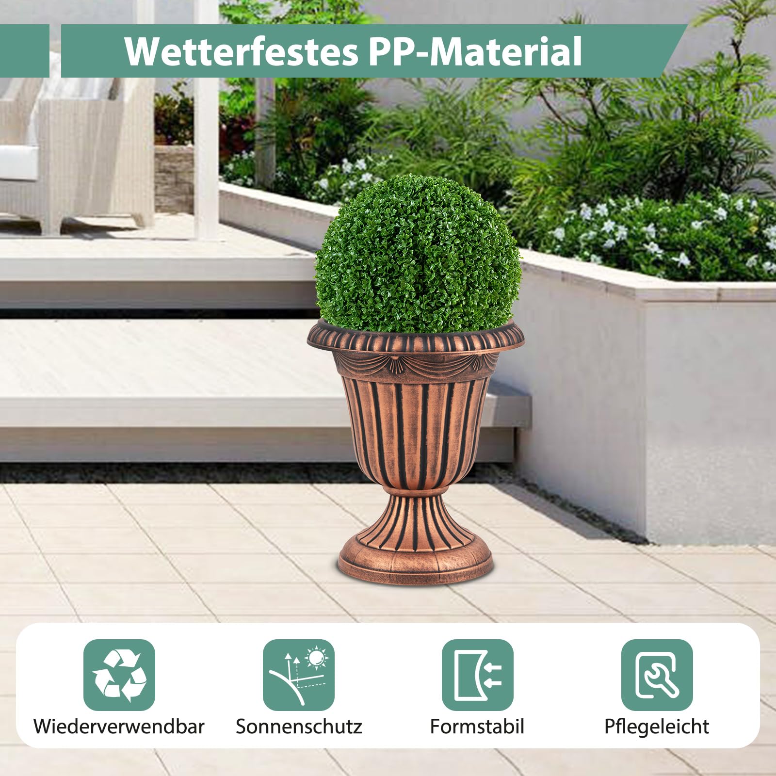 COSTWAY 2 er Pflanzkübel, 46,5 cm hoch, Pflanzgefäße mit Sockelbasis & Abflussloch, dekorative Blumentöpfe, PP Kunststoff, wetterfest, Übertopf für Garten Terrasse Hinterhof Balkon (Bronze)