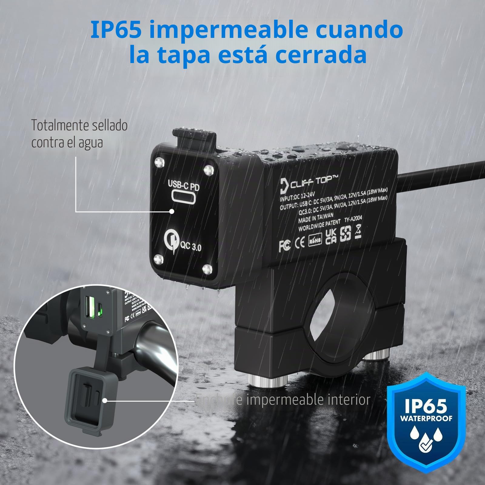 Cliff Top Cargador USB de aluminio para motocicleta PD USB-C y QC 3.0 de 36 W con interruptor de encendido magnético y resistente al agua para manillares de 7/8 '', 1 '' y 1 1/4 ''
