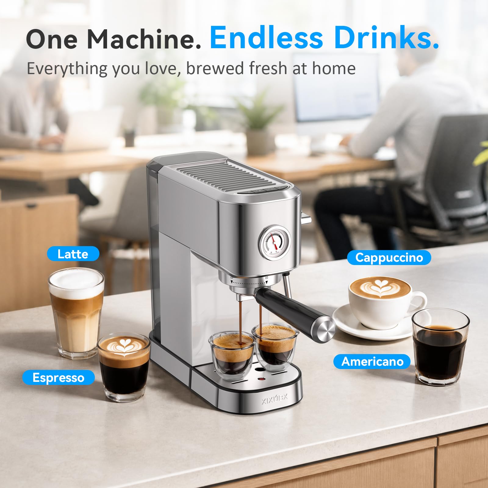 XIXUBX Cafetera espresso compacta de 20 bares con espumador de leche de acero inoxidable para capuchino y café con leche, medidor de presión de tanque de agua de 1 litro