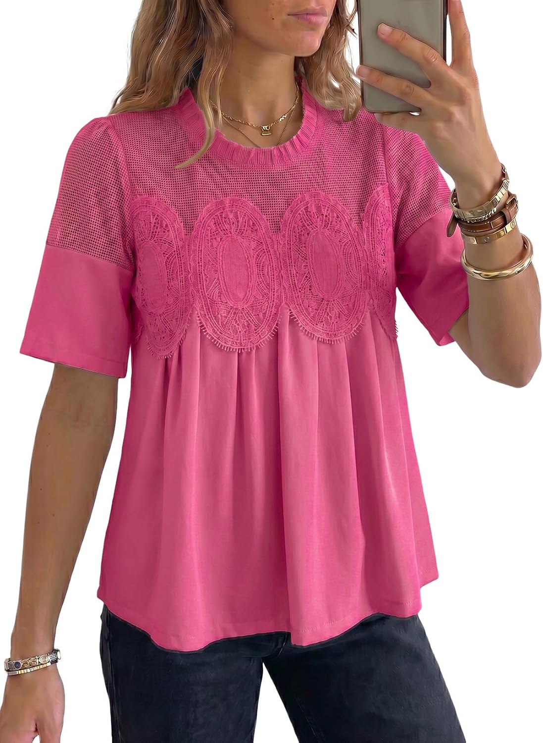 Dokotoo Women's Lace Blouse Elegant Flared Swing Tops Crew Neck Short Sleeve Textured Embroidered Mesh Shirts
