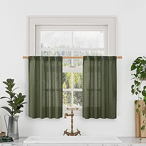 LAMIT Olive Green Linen Kitchen Curtains 30 Inch Length, Semi Sheer Light Filtering Window Panels Back Tab and Rod Pocket Drapes for Basement/Small Windows, 25 x 30 Inch, 2 Panels