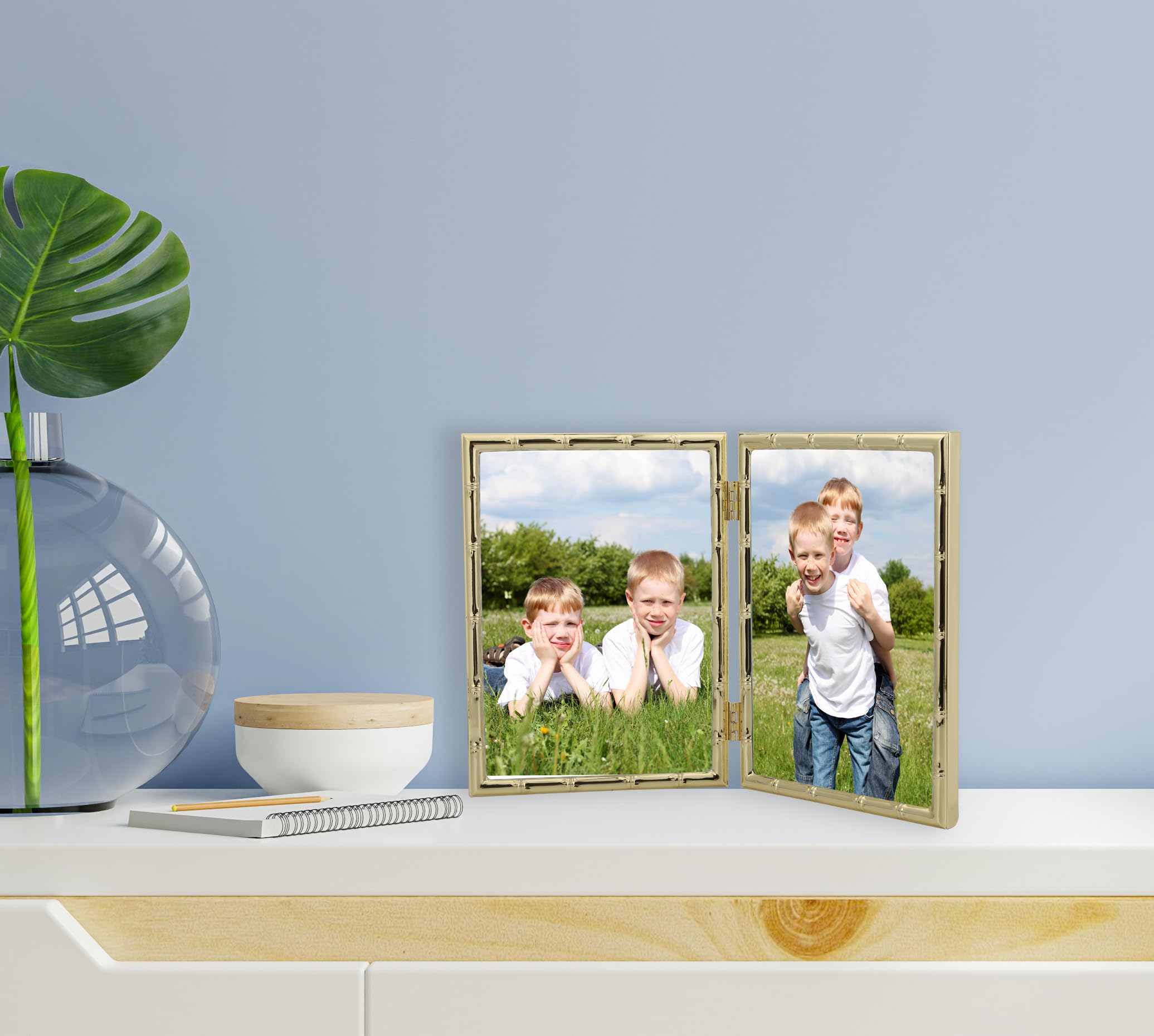 4x6'' Bamboo Detail Double Photo Frames, Gold Metal Picture 6x4'' Double - Image 3