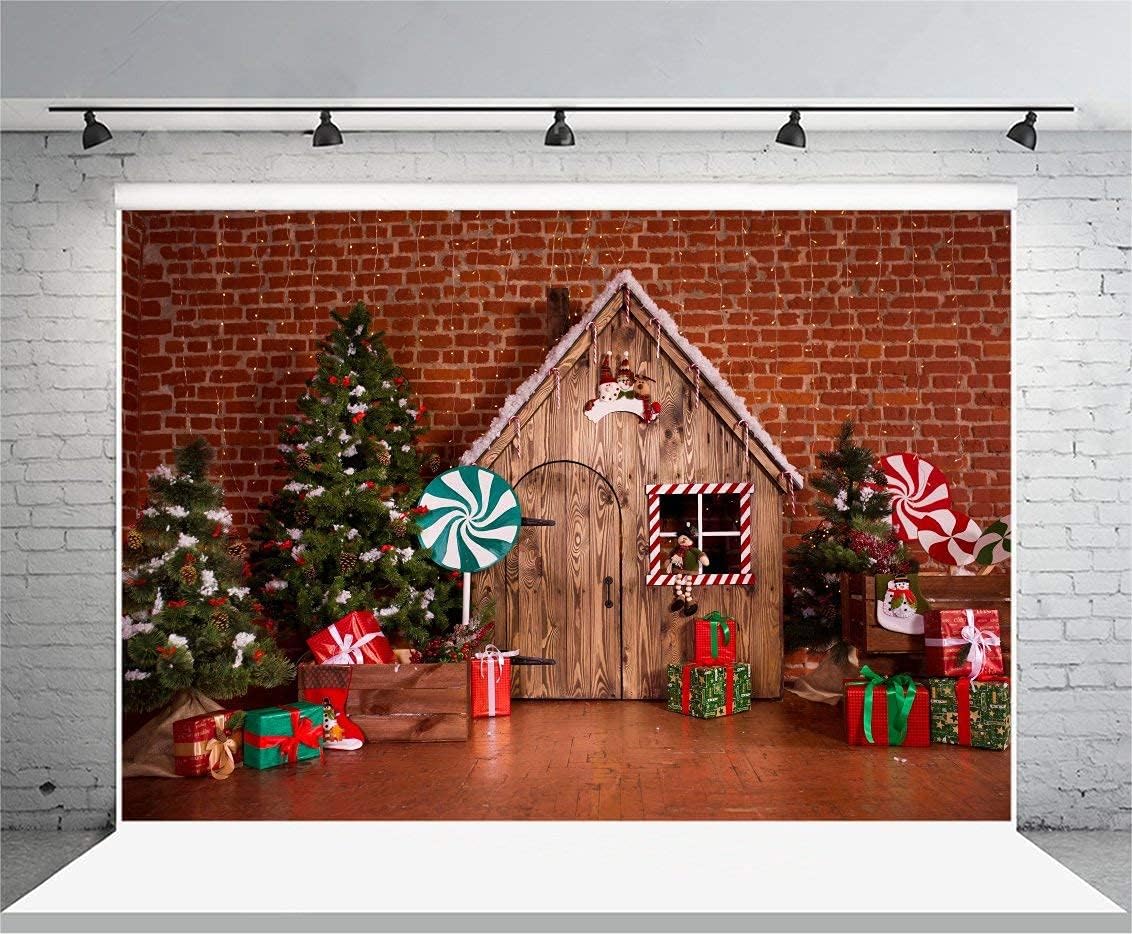 Laeacco 7x5FT Christmas Backdrops for Photography Gingerbread House Backdrop Xmas Party Photo Backdrop Rustic Wooden House Red Brick Wall Lollipop Candy Xmas Tree Children Baby Photo Studio Props