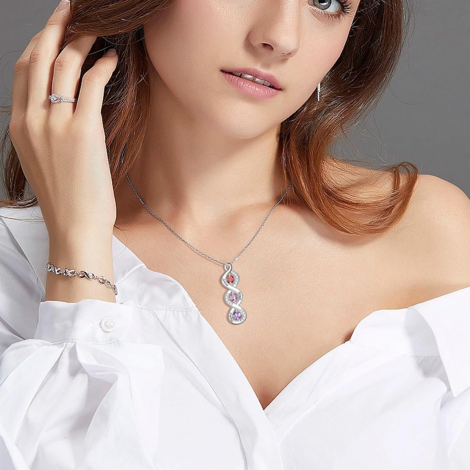 MissNaNa Personalized Infinity Necklace with 2-5 Birthstones, Custom Birthstone Necklace Gifts for Wife Mom, Infinity Love Pendant Jewelry for Women Christmas Birthday