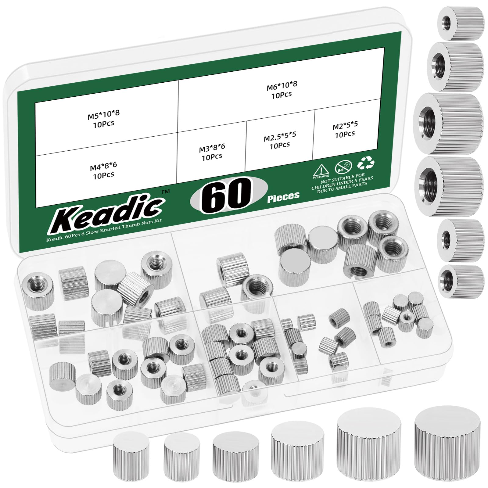 Keadic Juego de 60 tuercas de pulgar moleteadas de cabeza plana de acero inoxidable 304 M2 M2.5 M3 M4 M5 M6 para ajuste de bloqueo