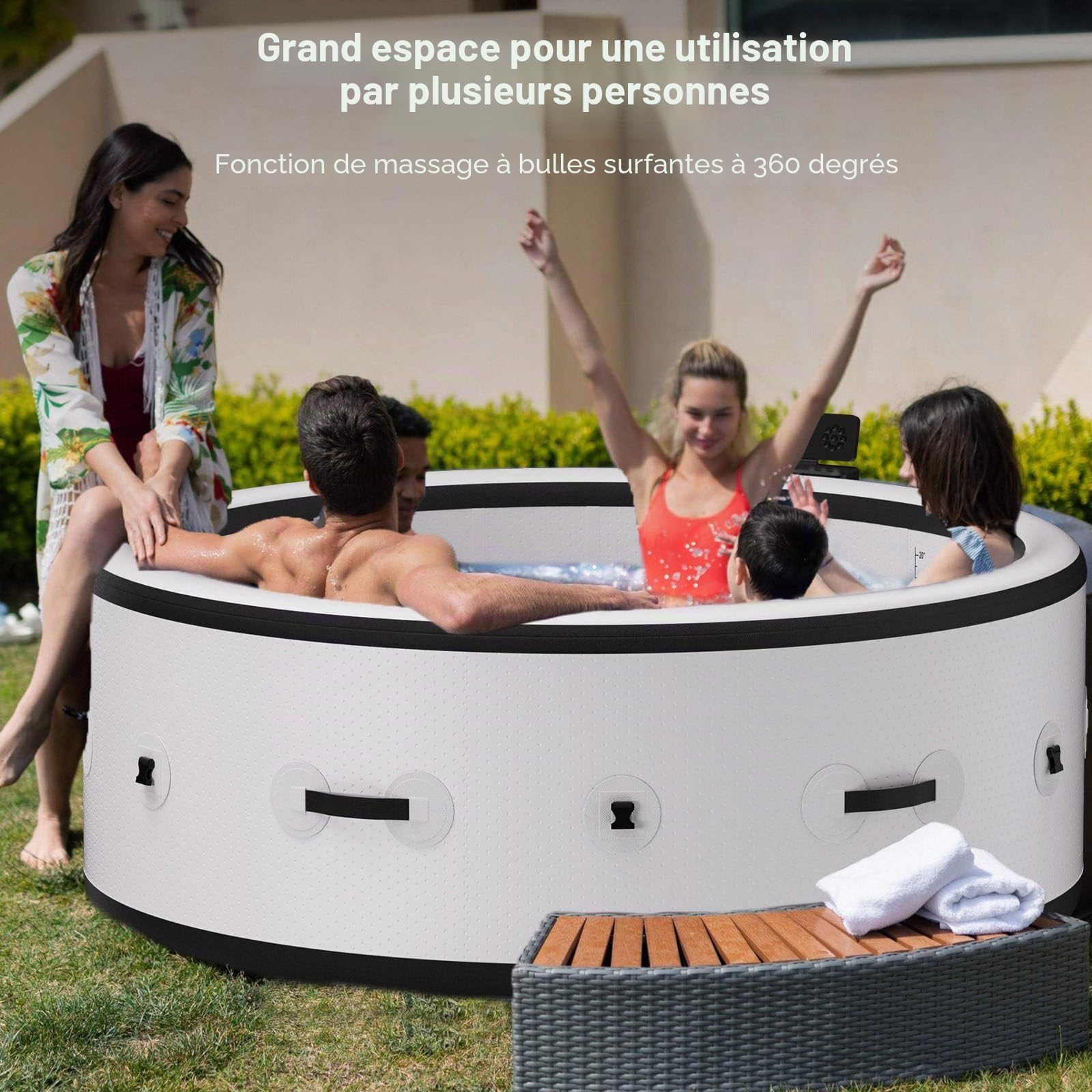 Baignoire Gonflable 2500w, Spa avec Massage pour 4 à 6 Personnes, Bain à Remous Extérieur, 150 Jets De Massage Et Lumières LED, pour Terrasse, Jardin Et Espace Extérieur (206 X 206 X 71 cm)