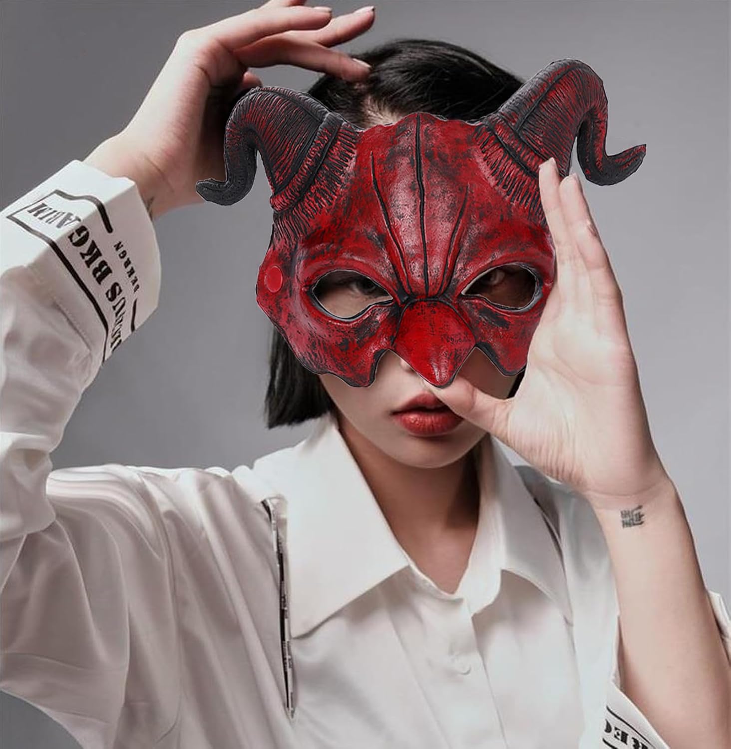 PURFUN Creepy Red Devil Mask with Ram Horns, Men Women Halloween Cosplay Goat Buffalo Demon Evil Witch Wizard Half Face Mask