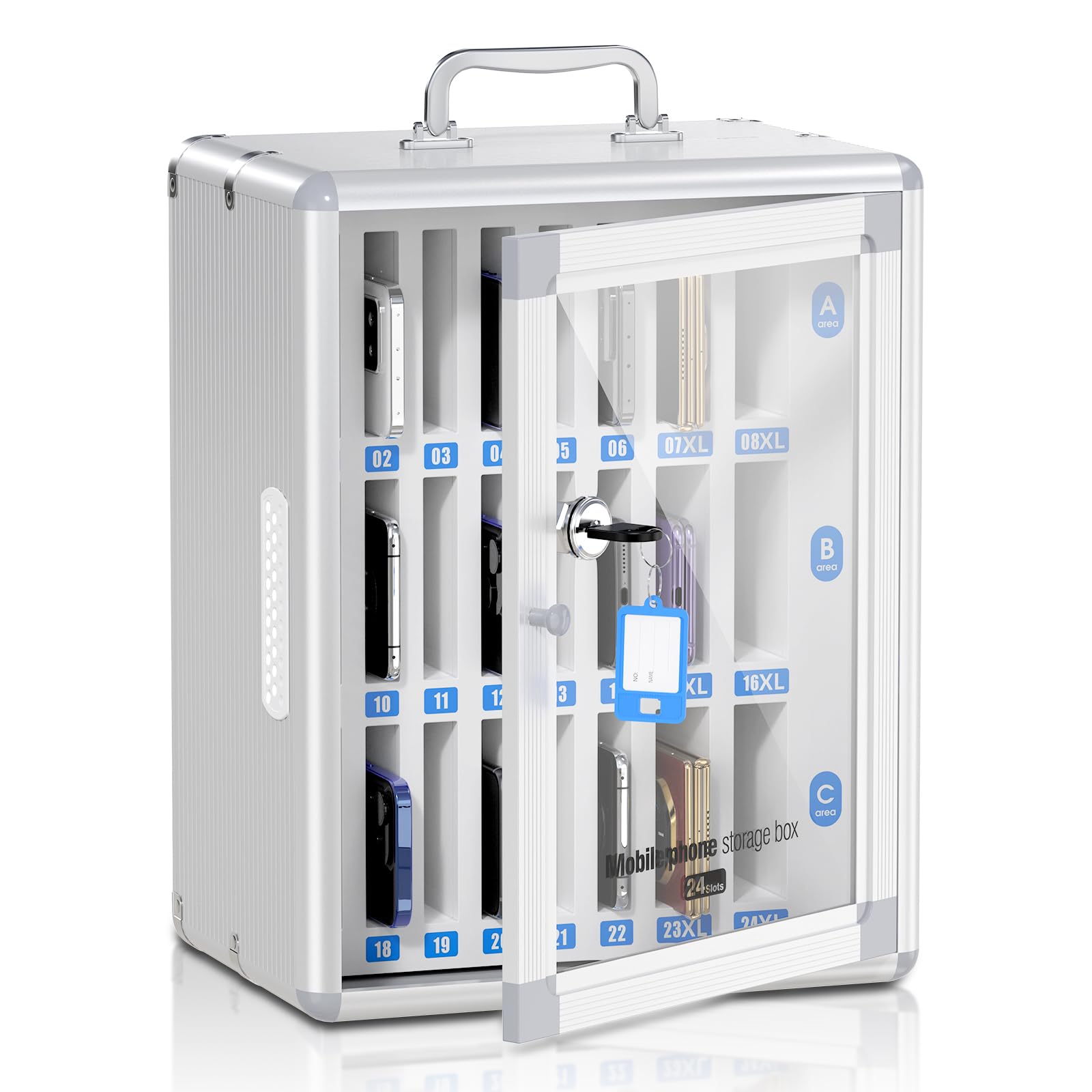 Lockbako 24 Slots Cell Phone Locker for Classroom, Portable Mobile Phone Storage Box with 2 Different Size Phone Slots, Phone Lock Box Wall Mounted (