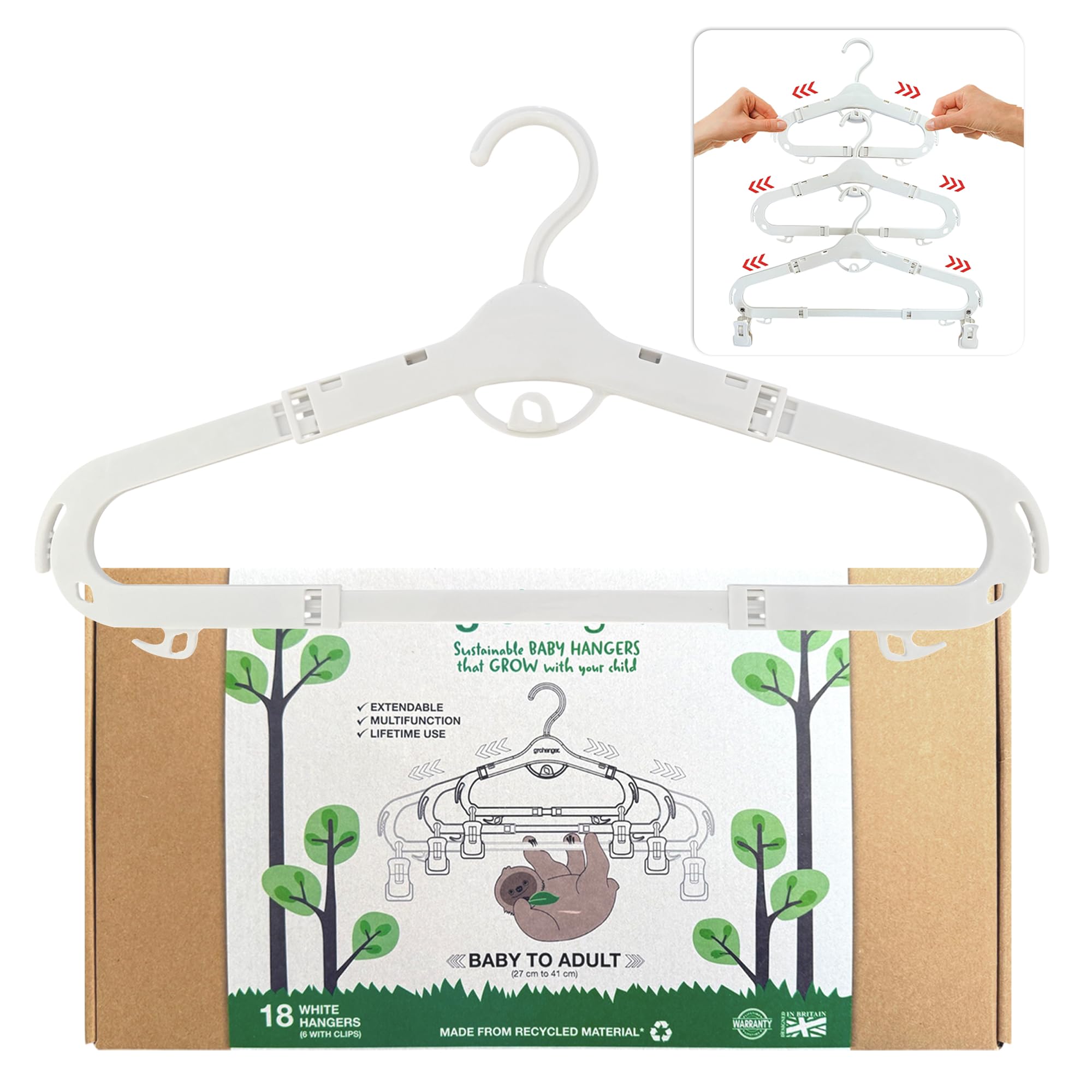 Grohanger Grucce estensibili salvaspazio per bambini, con clip, 18 grucce bianche per bambini, 12 clip rimovibili, barra per pantaloni da neonato a adulto, grucce per neonati per adulti.