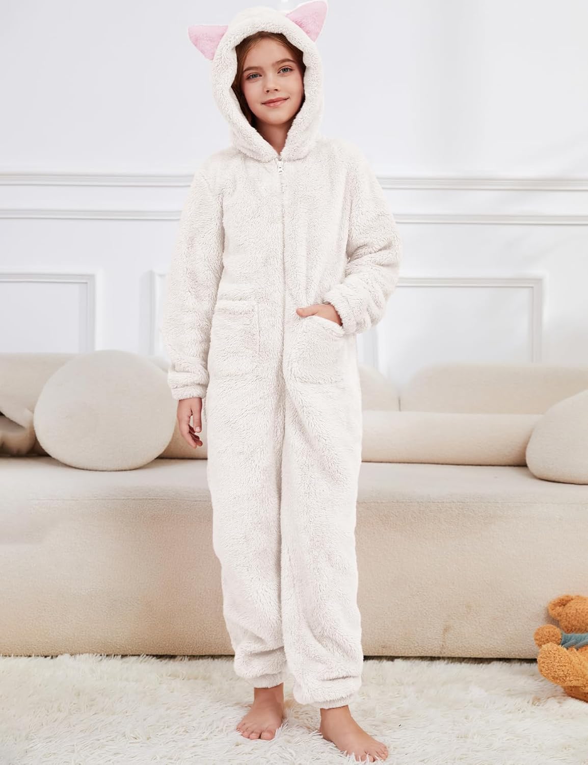 Flygo Girls Fleece Jumpsuits Fuzzy Hooded Onesie Rompers Kids Zip One Piece Romper Costume Warm Winter Clothes 5-14 Years - Image 5