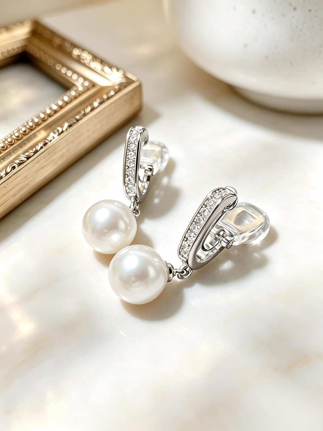 FAN&LOUIS Silver Pearl Dangle Clip On Earrings for Women, Non-Pierced Silver Tone Hoop Drop Ball Trendy Statement Hypoallergenic Lightweight Clip-On Earrings