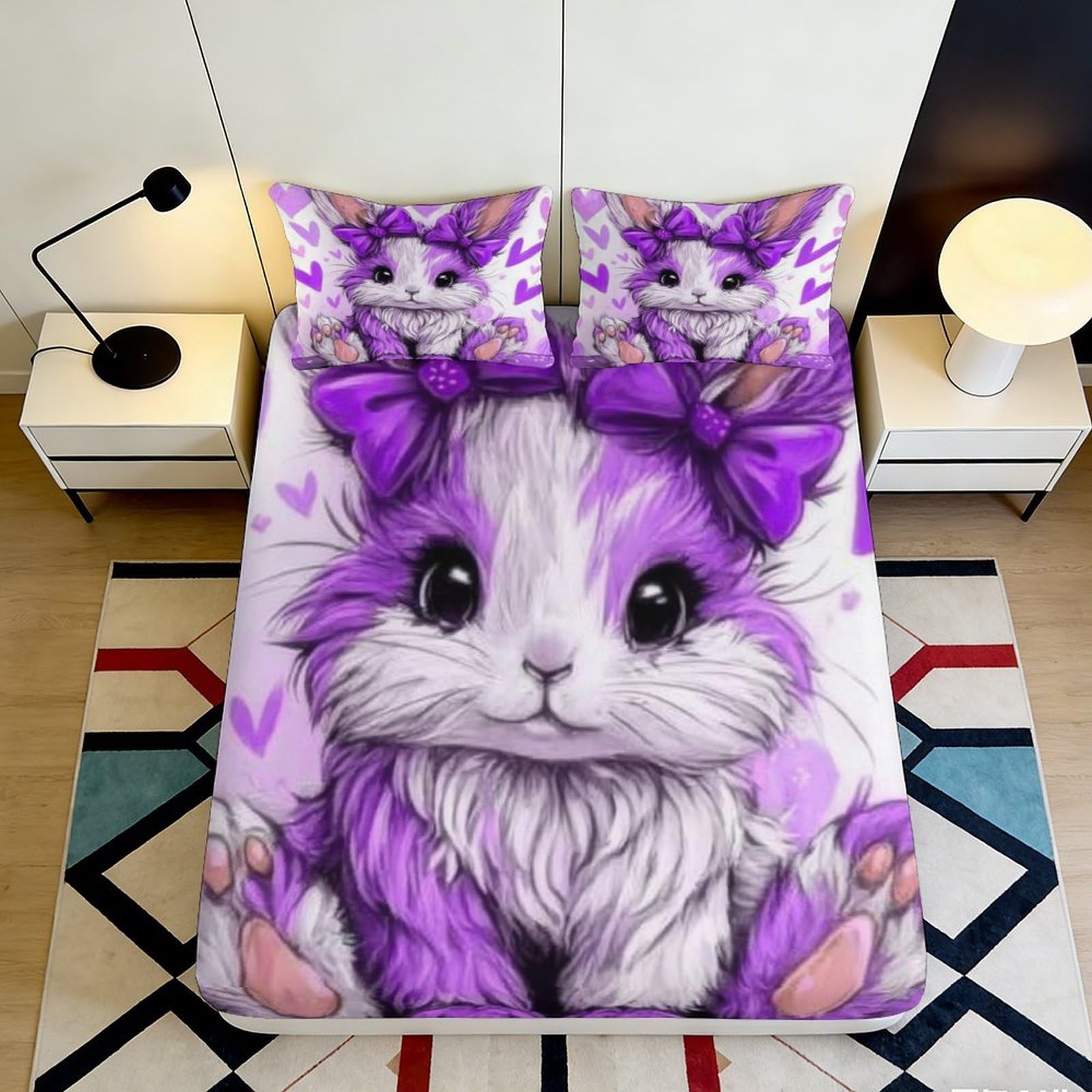 3D Printed Purple Cute Hamster Fitted Sheet Microfiber Anti-Slip Bed Sheet for Bedroom Dorm Mattress Decor 90x200x25cm