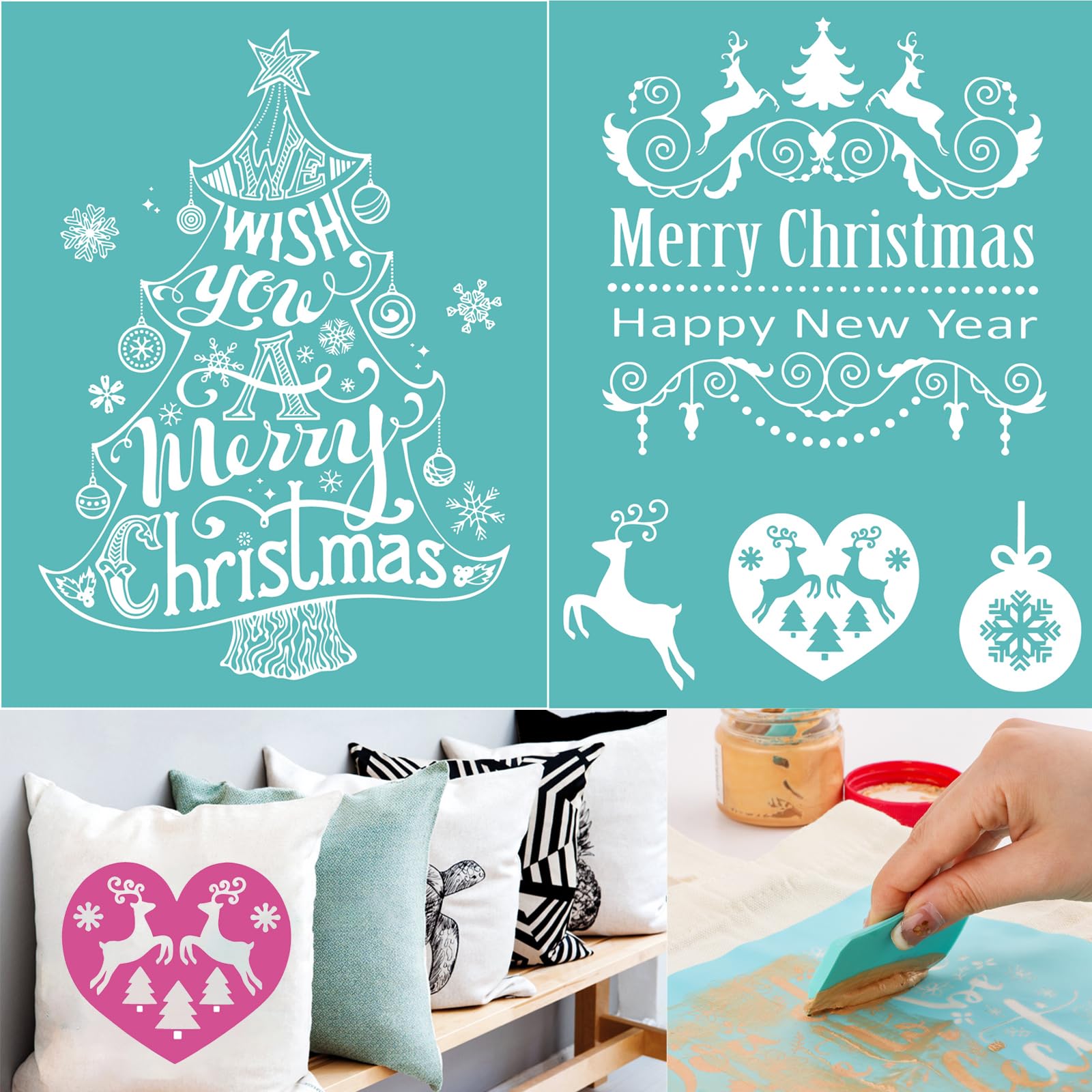 Weihnachts-Siebdruck-Schablonen, Weihnachtsbäume, Elche, Happy New Year, wiederverwendbar, selbstklebend, Siebdruck-Transfer-Schablonen zum Malen auf Holz, Stoff, Tassen, Kleidung, Heimbüro
