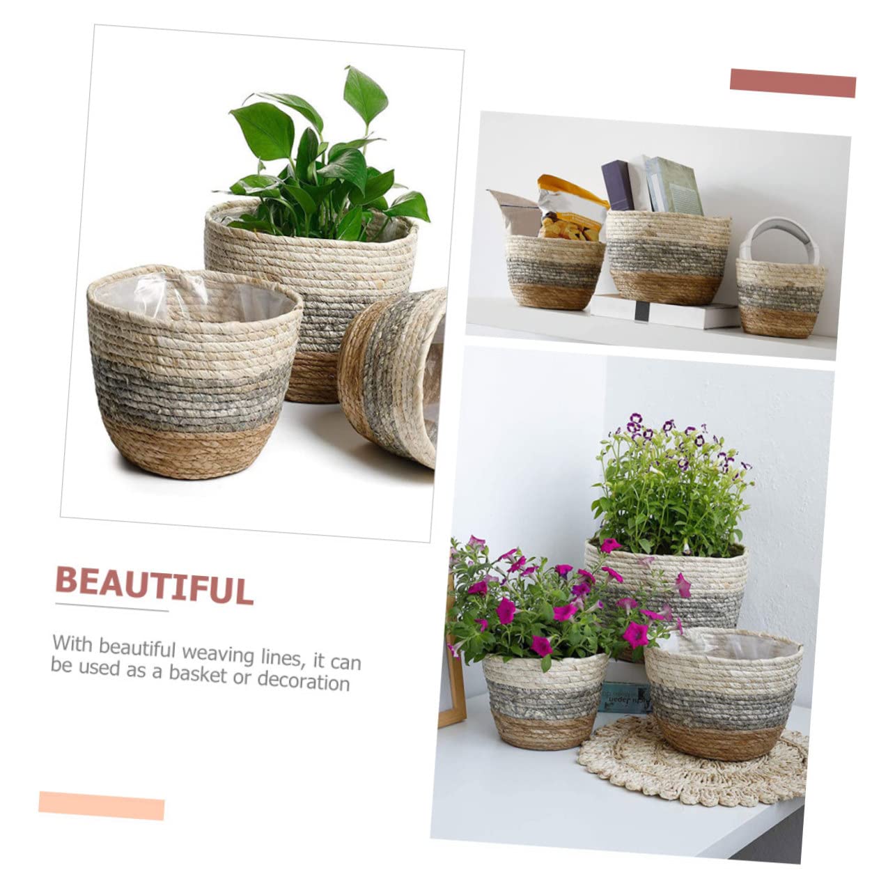 BESPORTBLE Lot De 2 Paniers en Rotin pour Plantes Paniers À Fleurs Tissés Paniers en Paille Jonc De Mer Faciles À Nettoyer pour La Décoration De Jardin
