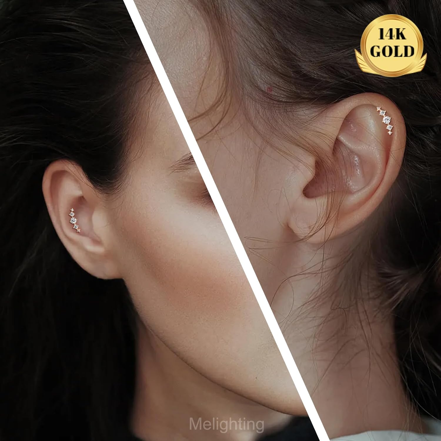 Melighting 14K Solid Gold Flat Back Earring - Curved Threadless & Titanium Push in Earring for Women - 16G Gold Cartilage & Conch Piercing Jewelry - Image 5