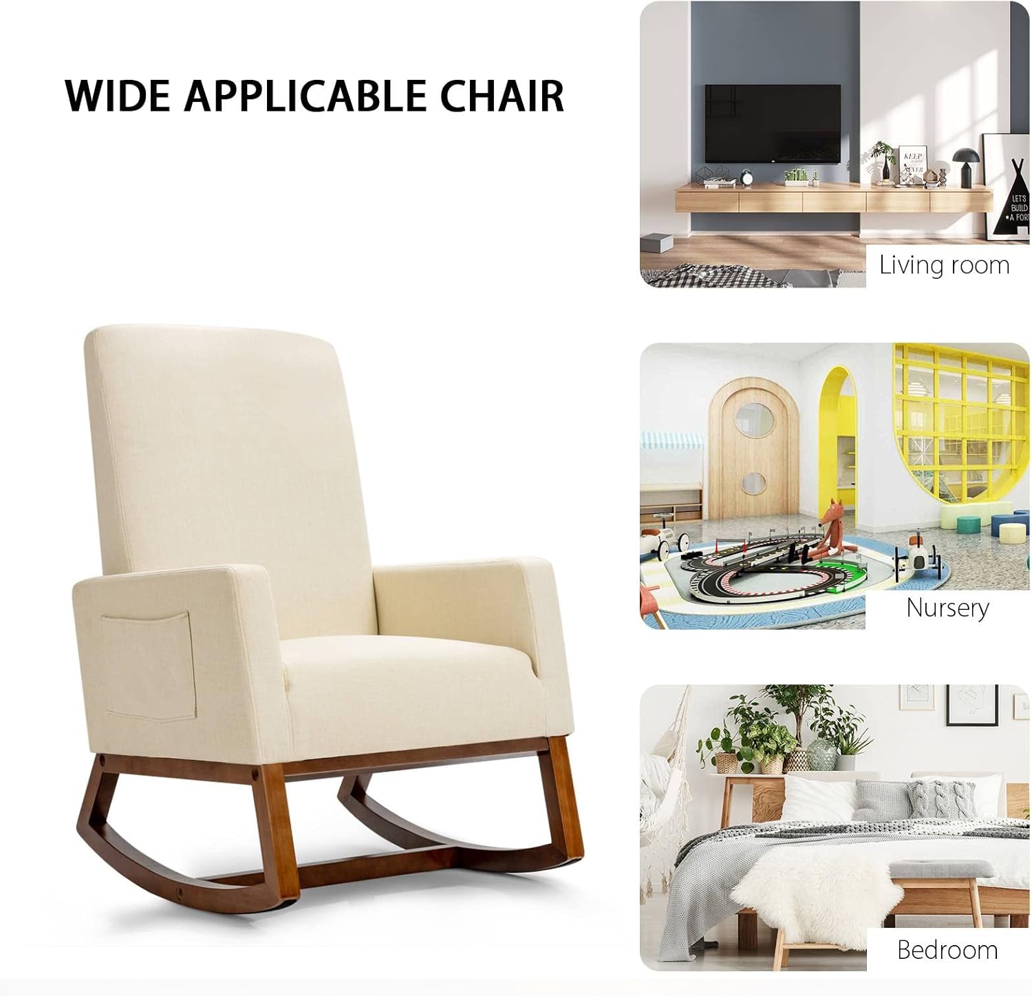 Rocking Chair, Upholstered Fabric Rocker Accent Armchair with Side Pocket, Recliner Relaxing Lounge Chair for Living Room, Bedroom, Office, Nursery (Beige)