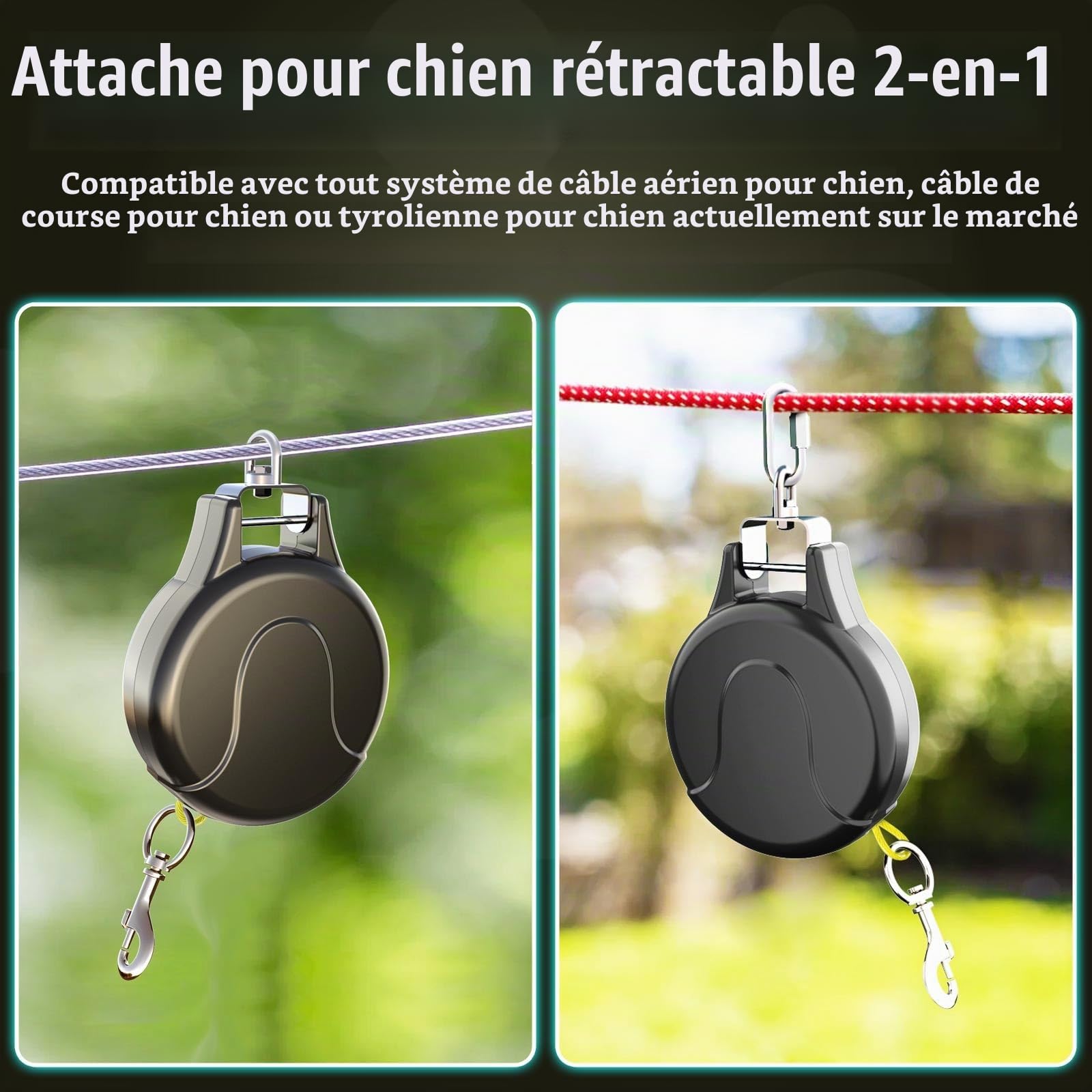 Câble d'attache rétractable 2 en 1 pour chien, 9,1 m, pour tyrolienne pour chien, câble d'antenne pour chien ou piquet pour chien, ancre pour chien, bobine d'attache rétractable sans enchevêtrement