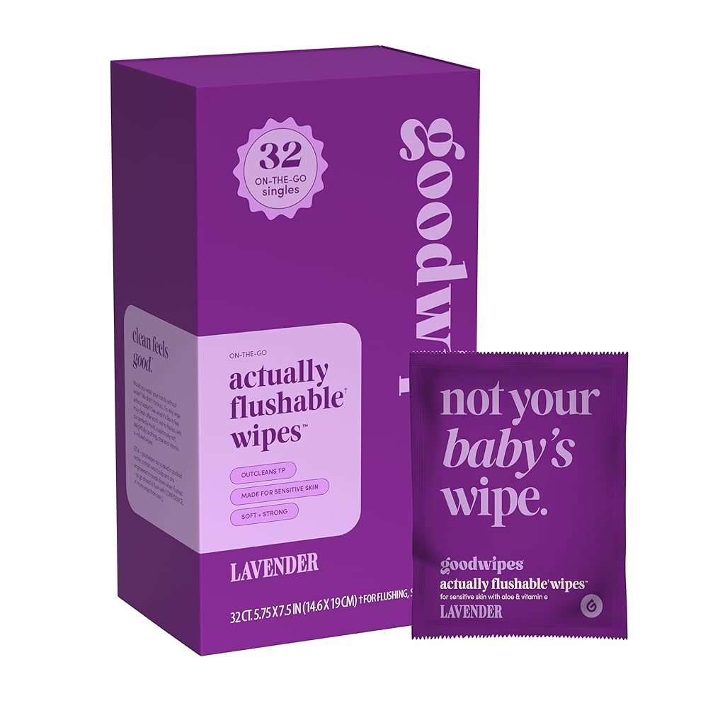 goodwipes Flushable Wipes - Individually Wrapped Butt Wipe for On-the-Go Adults - Portable Mini Wipes - Travel Essentials - Sewer & Septic Safe - Lavender, 32 Count (1 Pack)