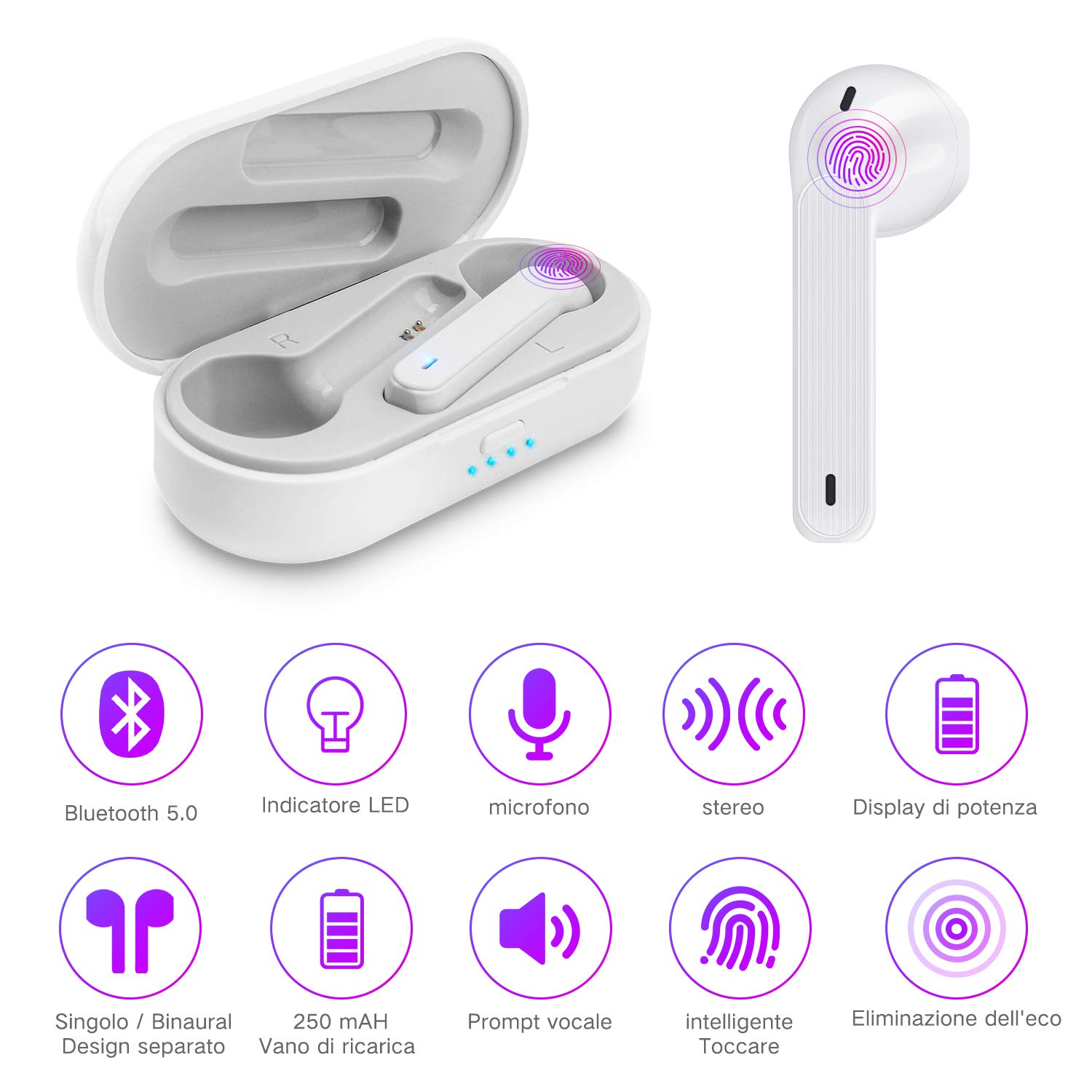 Cuffie Bluetooth Auricolari Bluetooth 5.0 Wireless Cuffie senza fili Sportivi Con Stereo Impermeabile IPX6 Accoppiamento Automatico Tocco Intelligente per Huawei Xiaomi Samsung iPhone bianco