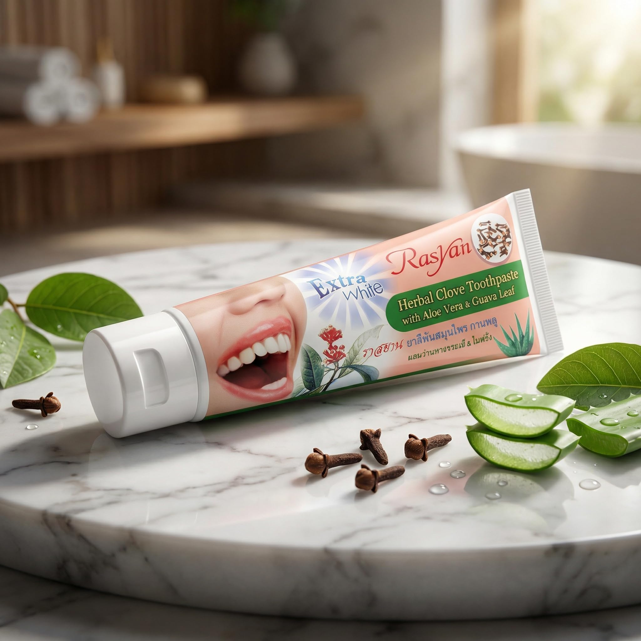 RasYan Dentifrice Herbal au Clou de Girofle. Aloe Vera & Feuille de Goyave - Pâte Dentaire Extra Blanc pour Hygiène Bucco-dentaire - 100g - Fabriqué en Thaïlande