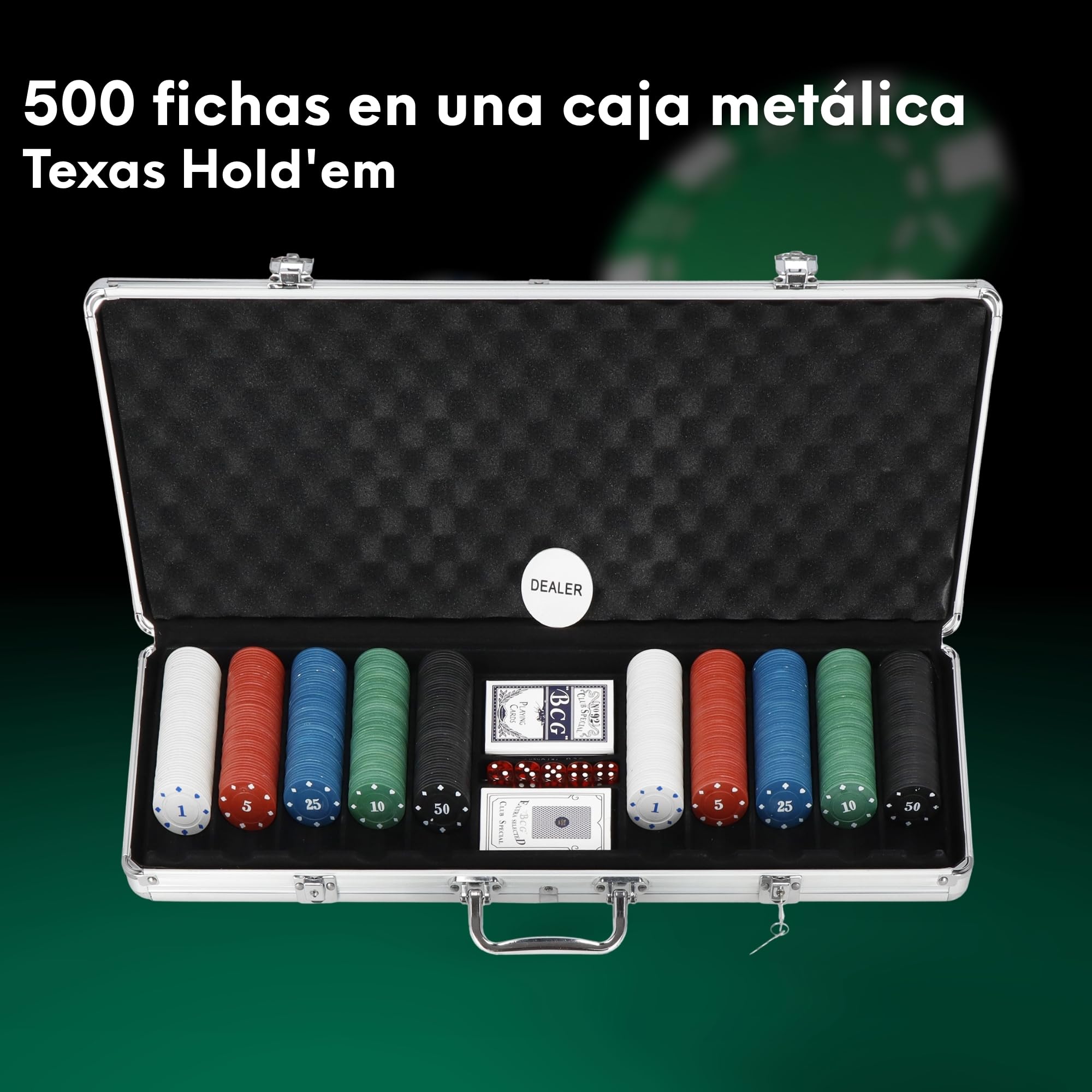 SPRINGOS Set de póker 500 fichas 2 barajas de cartas Juego de mesa 5 dados con maletín