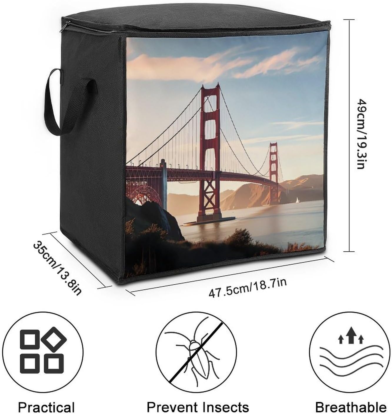 Portable Quilt Storage Bag,Golden Gate Bridge Printed Foldable Wardrobe Storage Box Foldable Storage Bag with Lids And Handle Large Clothing Storage Bag for Comforters Clothes Blankets Pillows