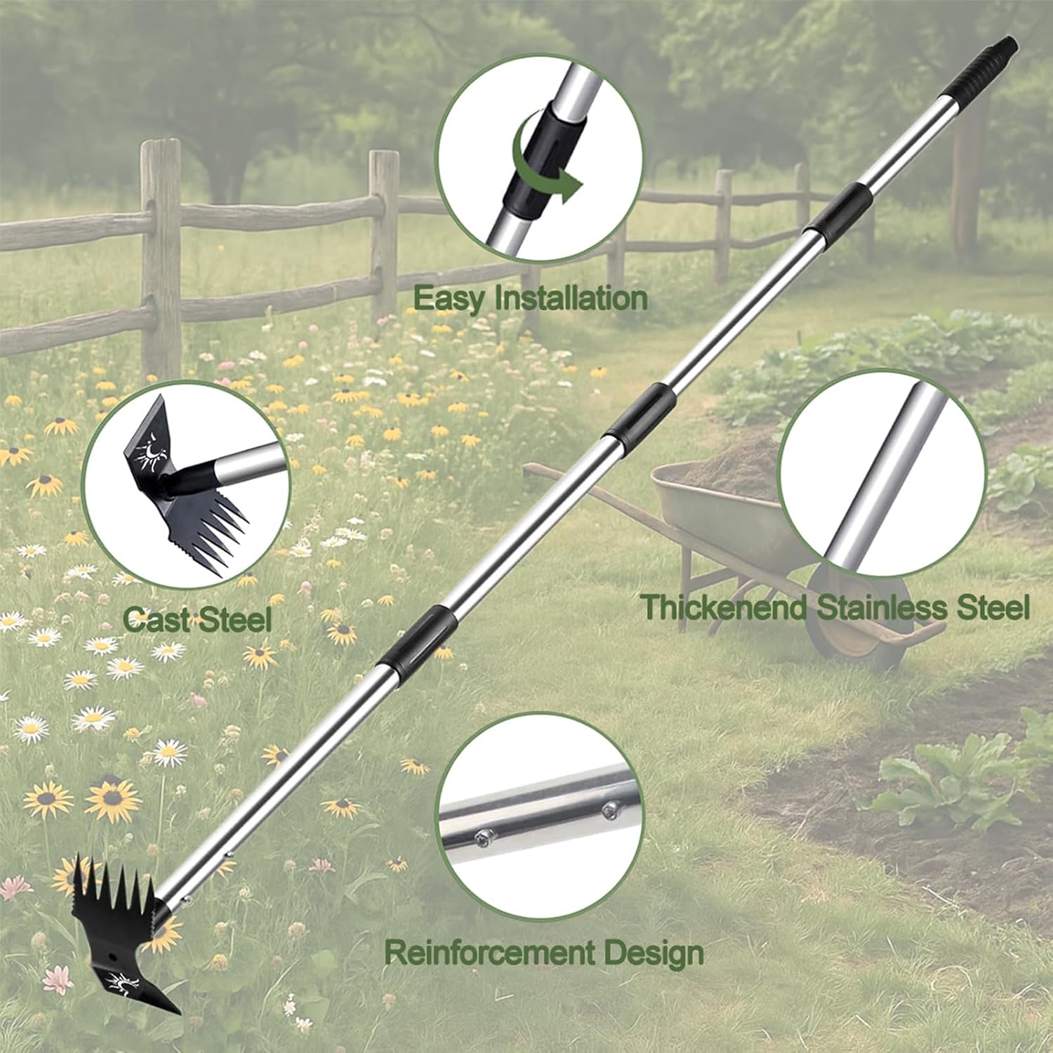 weed puller tool with long handle, 60inch manual weed puller tool, stainless steel 2 in 1 hand weed rake,heavy duty garden hoe for gardening, uprooting weeder remover for patio, lawn, yard black painted(stainless steel) 60" long handle