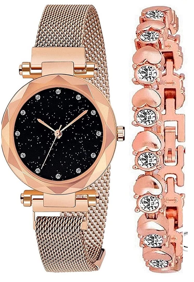 BID Women 12 Point Diamond Studded Analog Quartz Magnet Style New Model 2021 Stylish Latest Magnetic Watch with Golden Colour Bracelet Combo for Girl’s & Women’s Watch for Ladies (Pack of 3)(Rose Gold) (B09GYK28ZH) Amazon Price History, Amazon Price Tracker