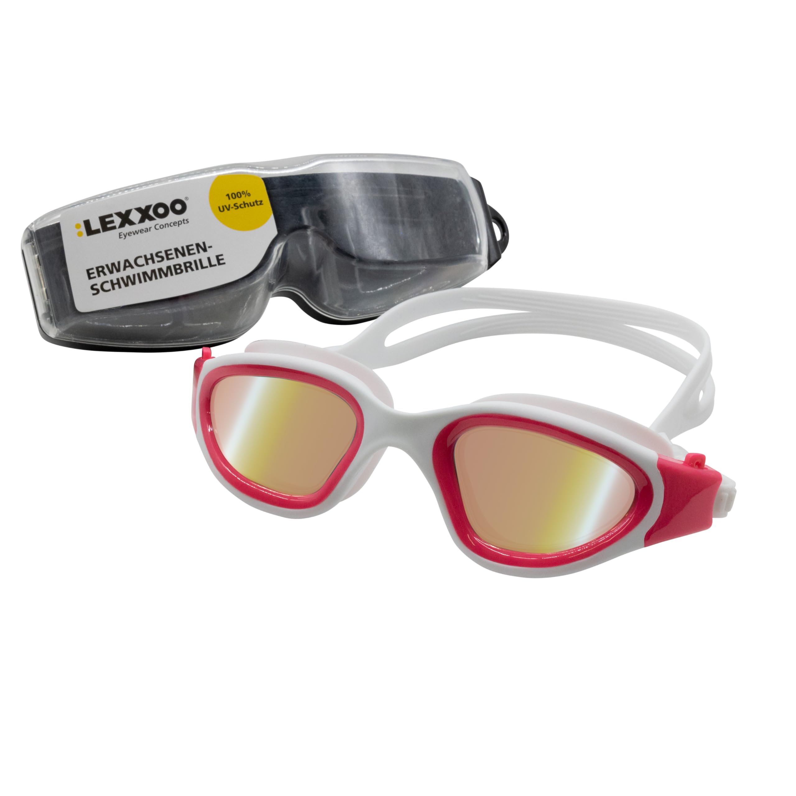 LEXXOO Swimming Goggles with Polarising Coating and UV Protection, Waterproof Anti-Fog Swimming Goggles for Men and Women, with Practical Push Button System and Large Field of View, Pink/White