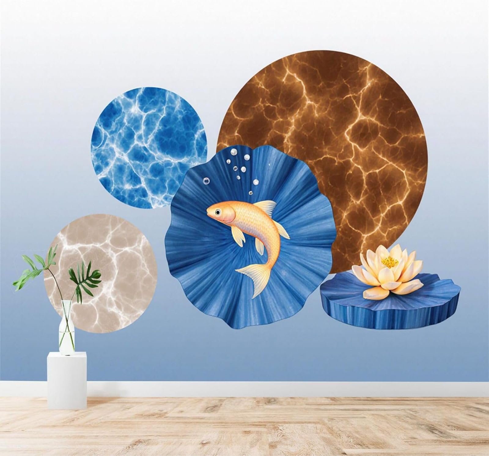 XLMING Golden Fish Lotus Abstract Water Ripples Circles 3D Wallpaper Silky Texture Home Study Office Grey Dining Room Sofa Bedroom Living Room TV Backdrop-200cm×140cm
