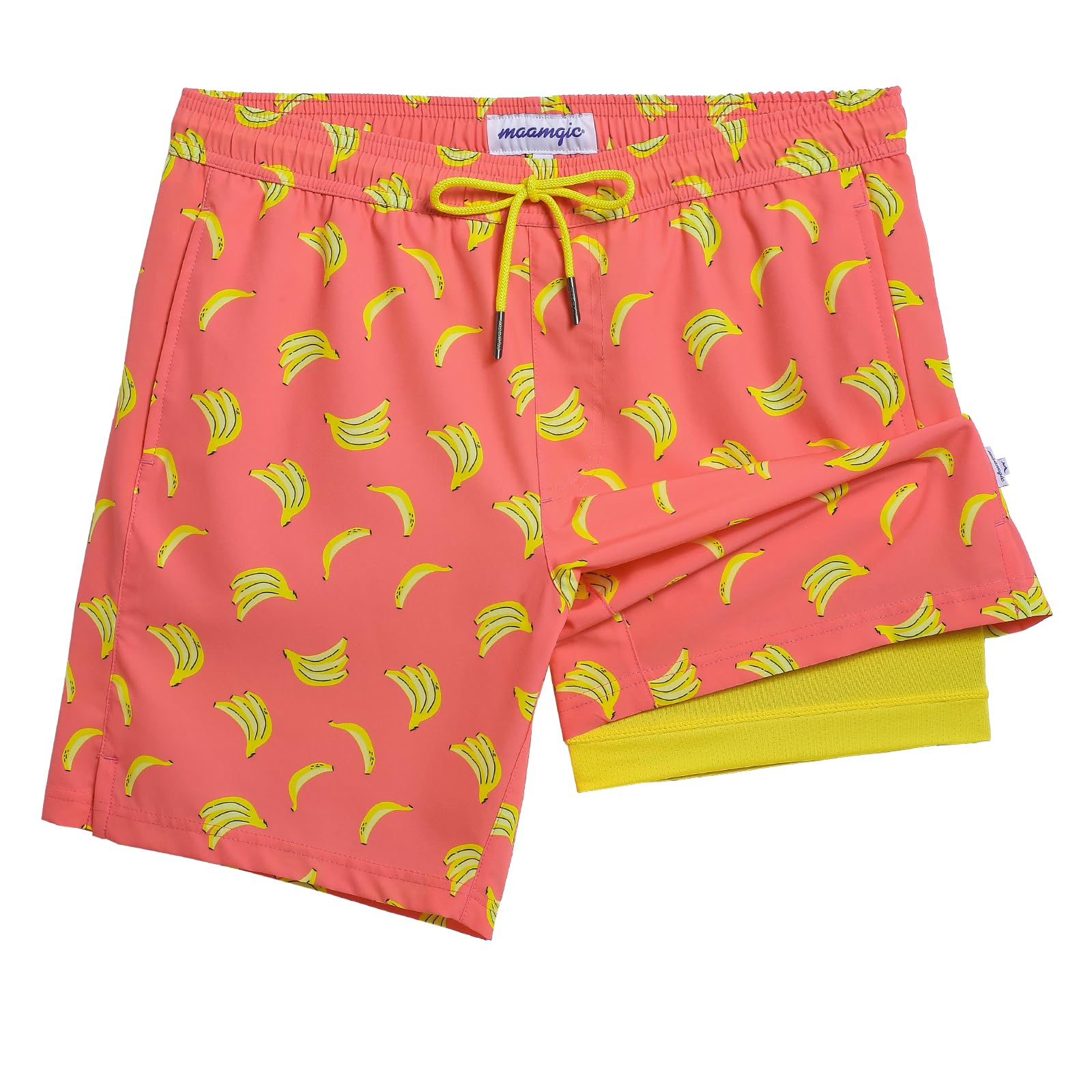 maamgic Mens Swim Trunks with Compression Liner 7 Inch Inseam Mens Bathing Suit Quick Dry Swimming Trunks Swimsuit, Banana Orange, Small-picture-18