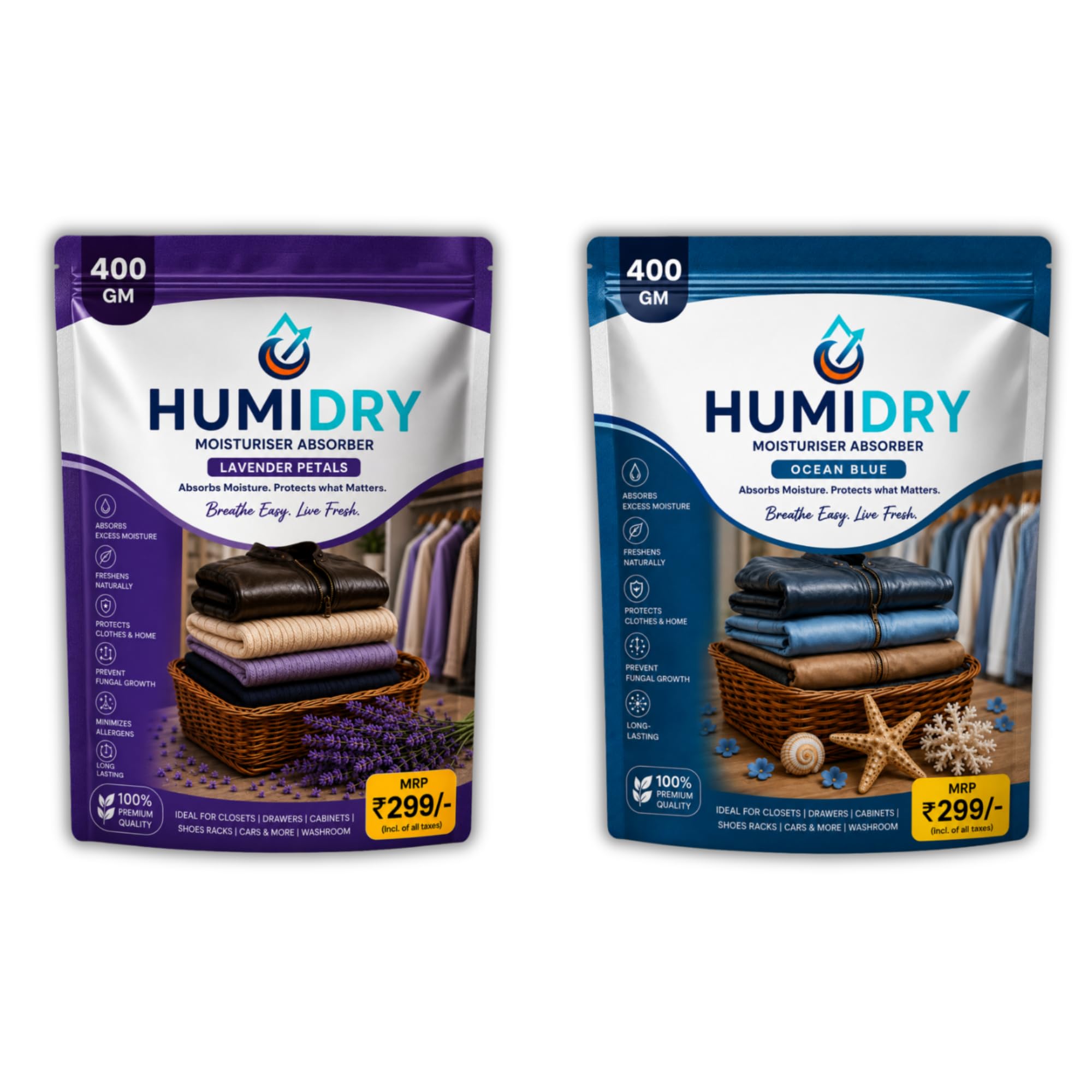 Moisture Absorber Combo Pack of 2 (Lavender Petals 400g & Ocean Blue 400g)| Dehumidifier for Wardrobe, Closet, Cabinet, Drawer, Shoe Rack, Bathroom & Car-image-9