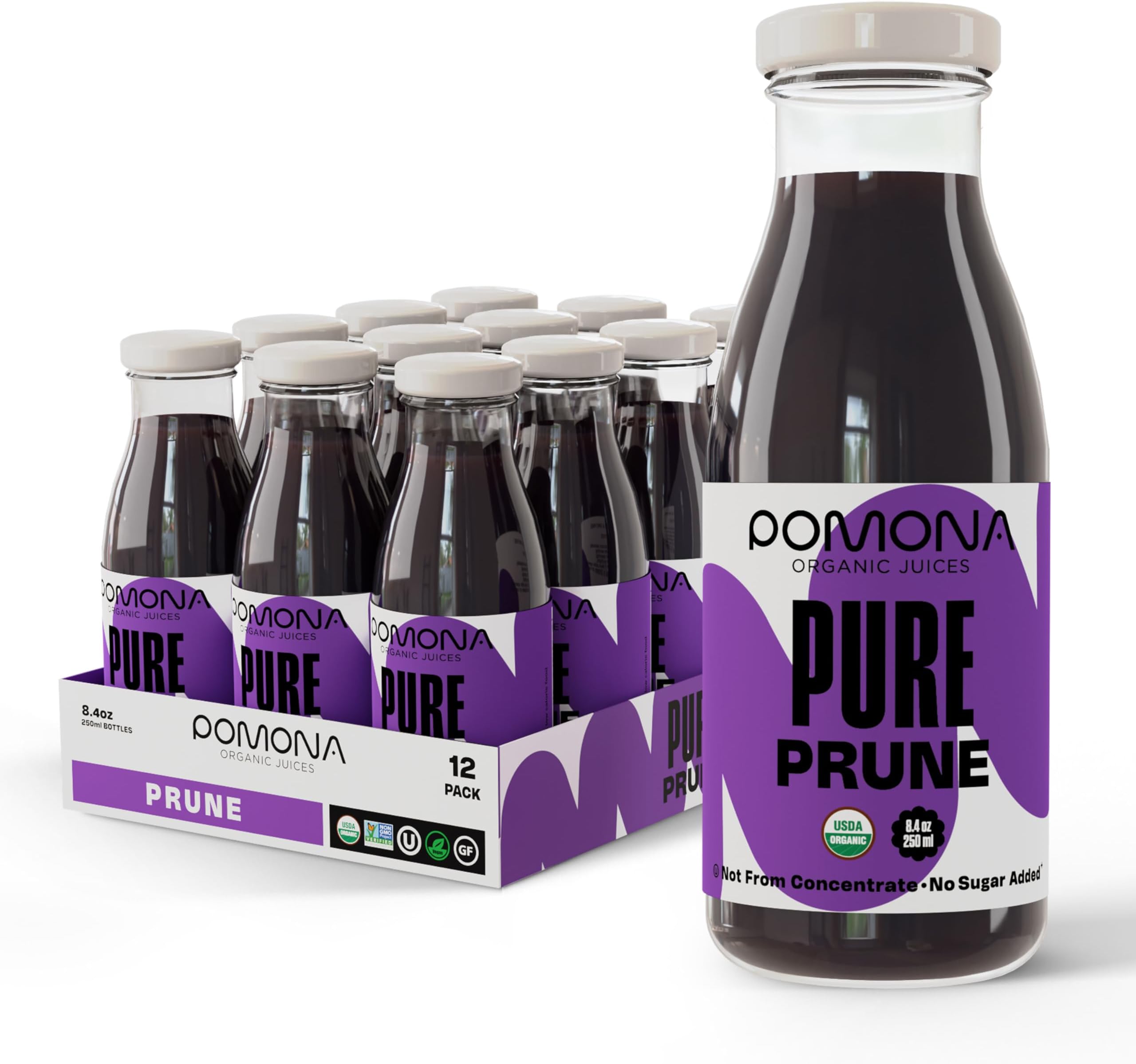 - Pomona Organic Juices Pure Prune Juice, 8.4 Ounce Bottle (Pack of 12), Cold Pressed Organic Juice, Non-GMO, No Sugar Added, Not from Concentrate, Gluten Free, Kosher Certified, Preservative Free