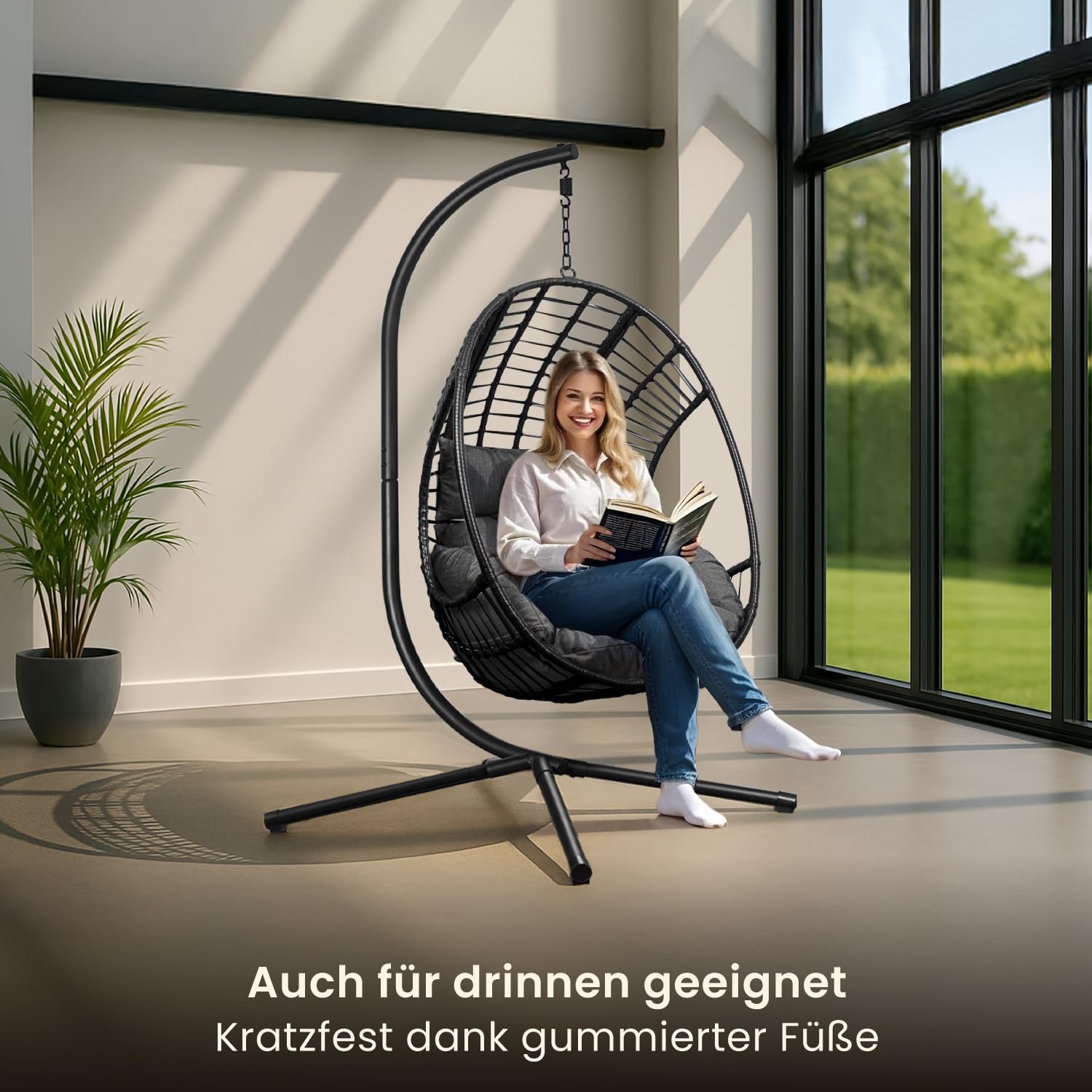 Swoods XXL Hängesessel mit Gestell - Hängesessel Für Indoor und Outdoor - Inkl. Kissen - Egg Chair - bis 150kg (Dunkelgrau)
