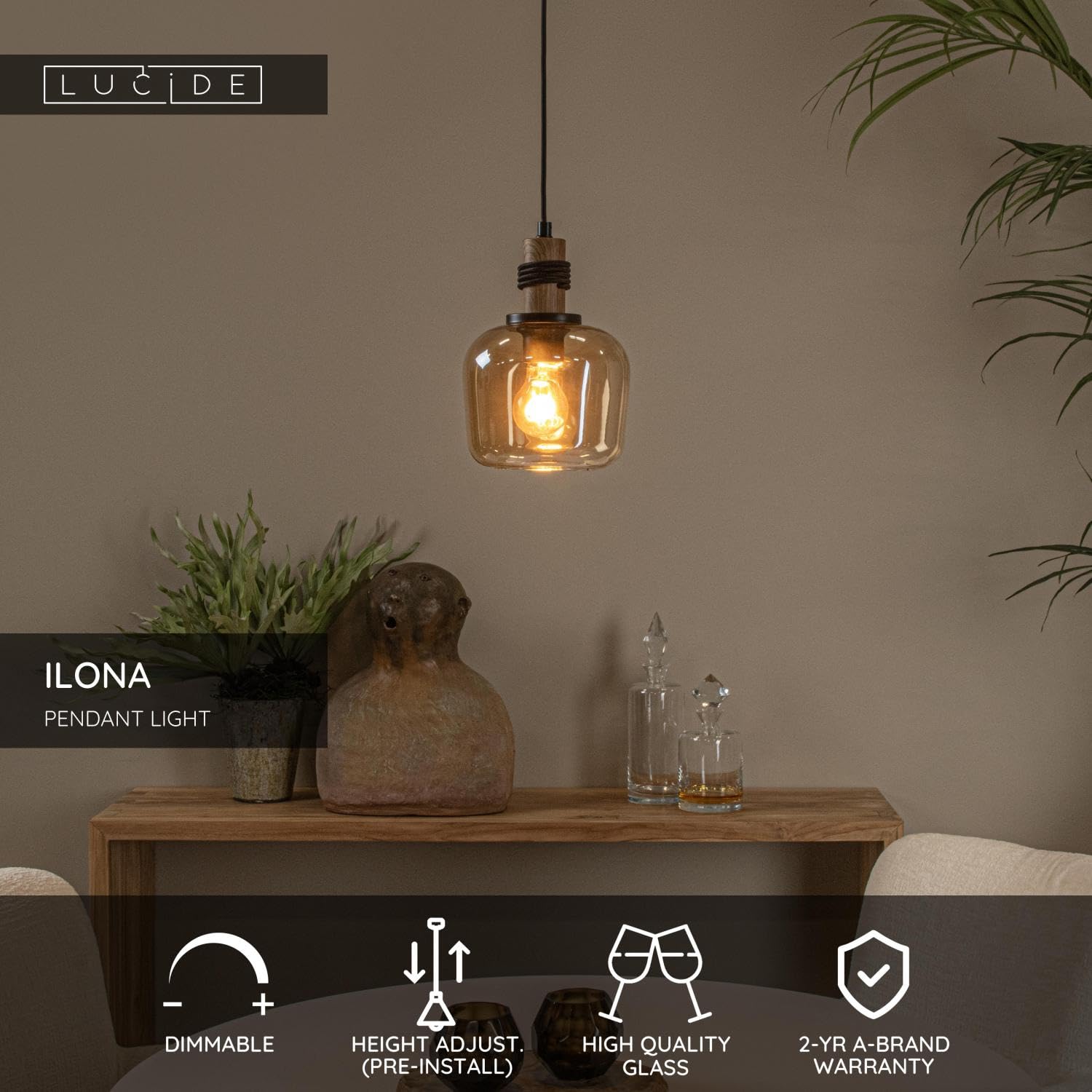 LUCIDE ILONA - Lámpara colgante - Ø 18 cm - 1xE27 - Ámbar