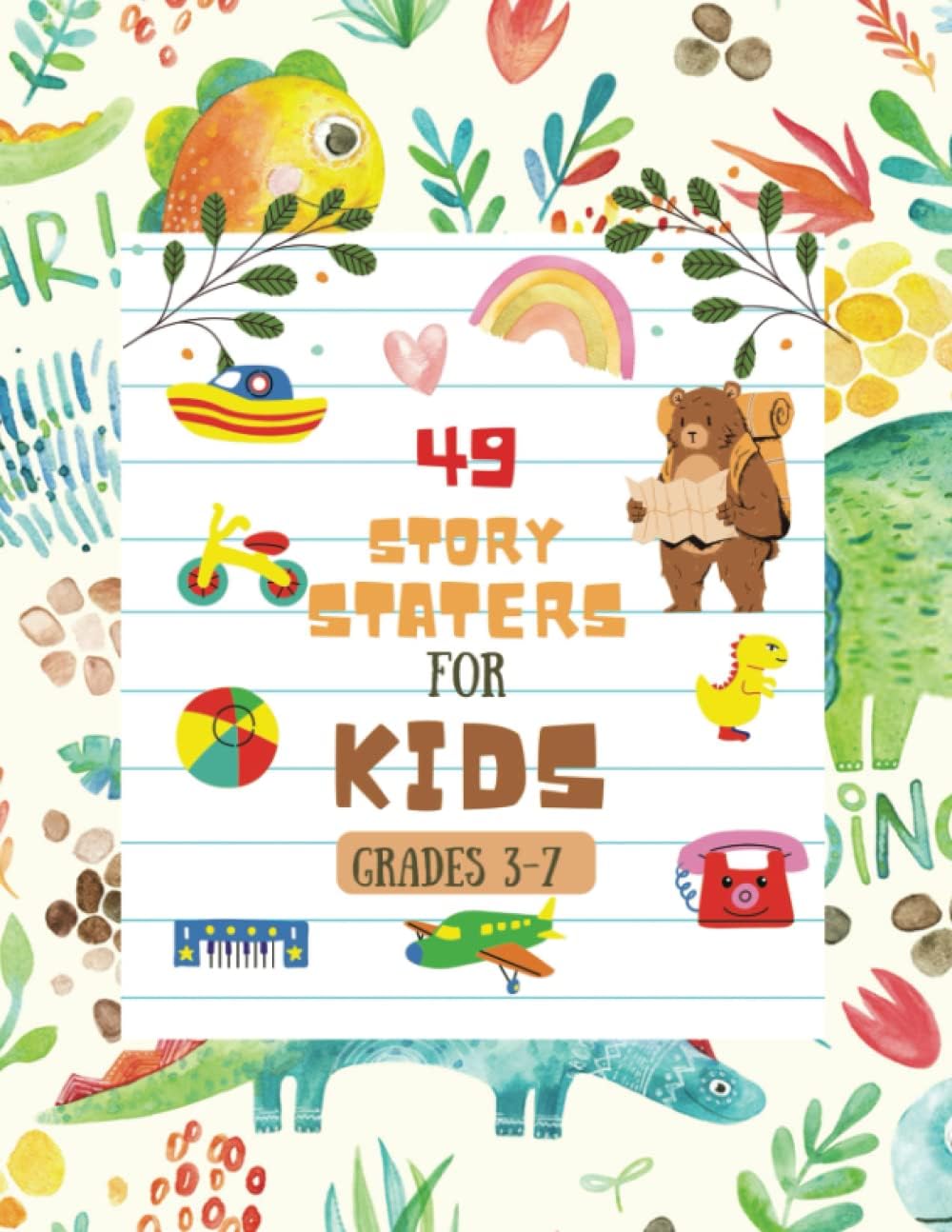 Story Starters For Boys: Creative Writing Prompts | 8.5 x 11 in | 49 Story Pages | Creativity Gift for Kids | Hand drawn seamless pattern with dinosaurs and floral elements cover