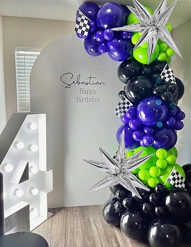 Miniatura 7 de Kit de arco de globos con temática de camión monstruo, 140 globos de color negro, fruta, verde, morado oscuro, para niños, camiones, carreras,